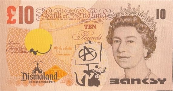 Null BANKSY (dopo), £10 Peace Love Rat, 2015, Stampa su tela, ha una firma BANKS&hellip;