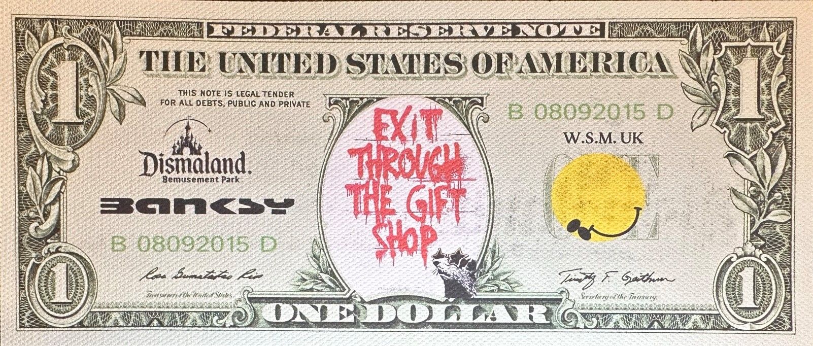 Null BANKSY（后），《通过礼品店的1美元出口》，2015年，布面打印，板上有BANKSY的签名，正面和背面有DISMALAND节的标志，8.5 x 2&hellip;