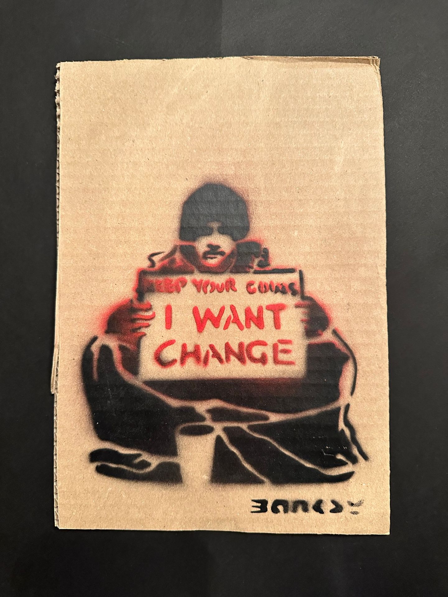 Null BANKSY (dopo), Keep Your Coins I Want Change, stencil a inchiostro nero e r&hellip;