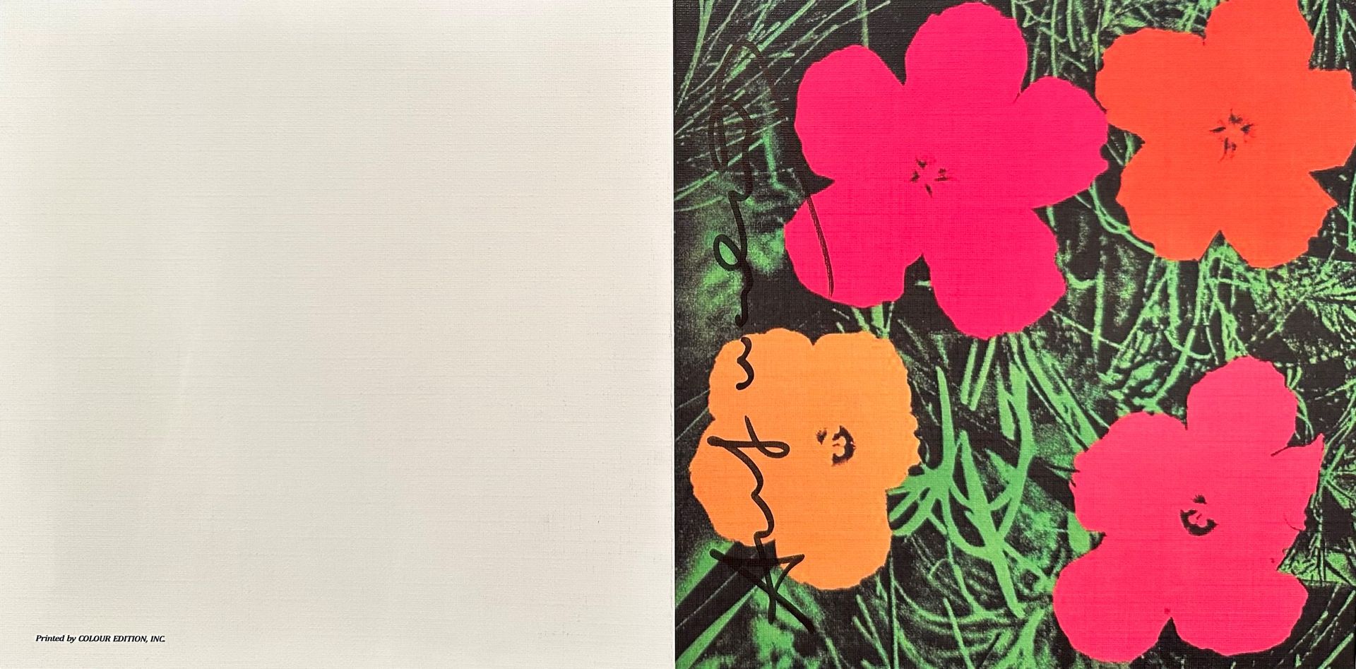 Null 安迪-沃霍尔（后），《花》，1981年在卡斯泰利图形画廊举办的 "印刷品回顾展 "的邀请卡。印在有纹理的纸上，有黑色马克笔签名和AW印章，展开后为18&hellip;