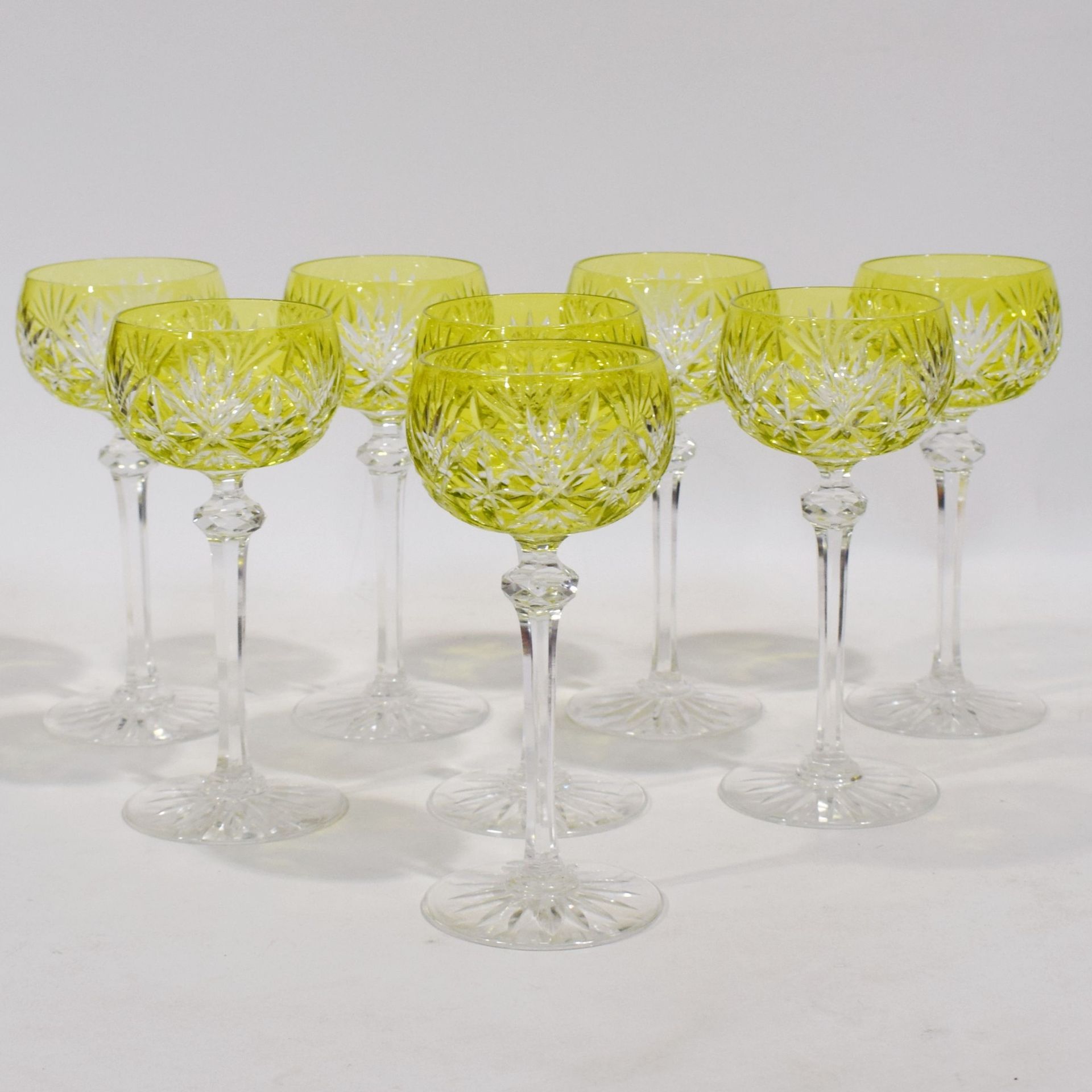 Null Set of 8 green colored crystal glasses engraved with stars, attributed to V&hellip;