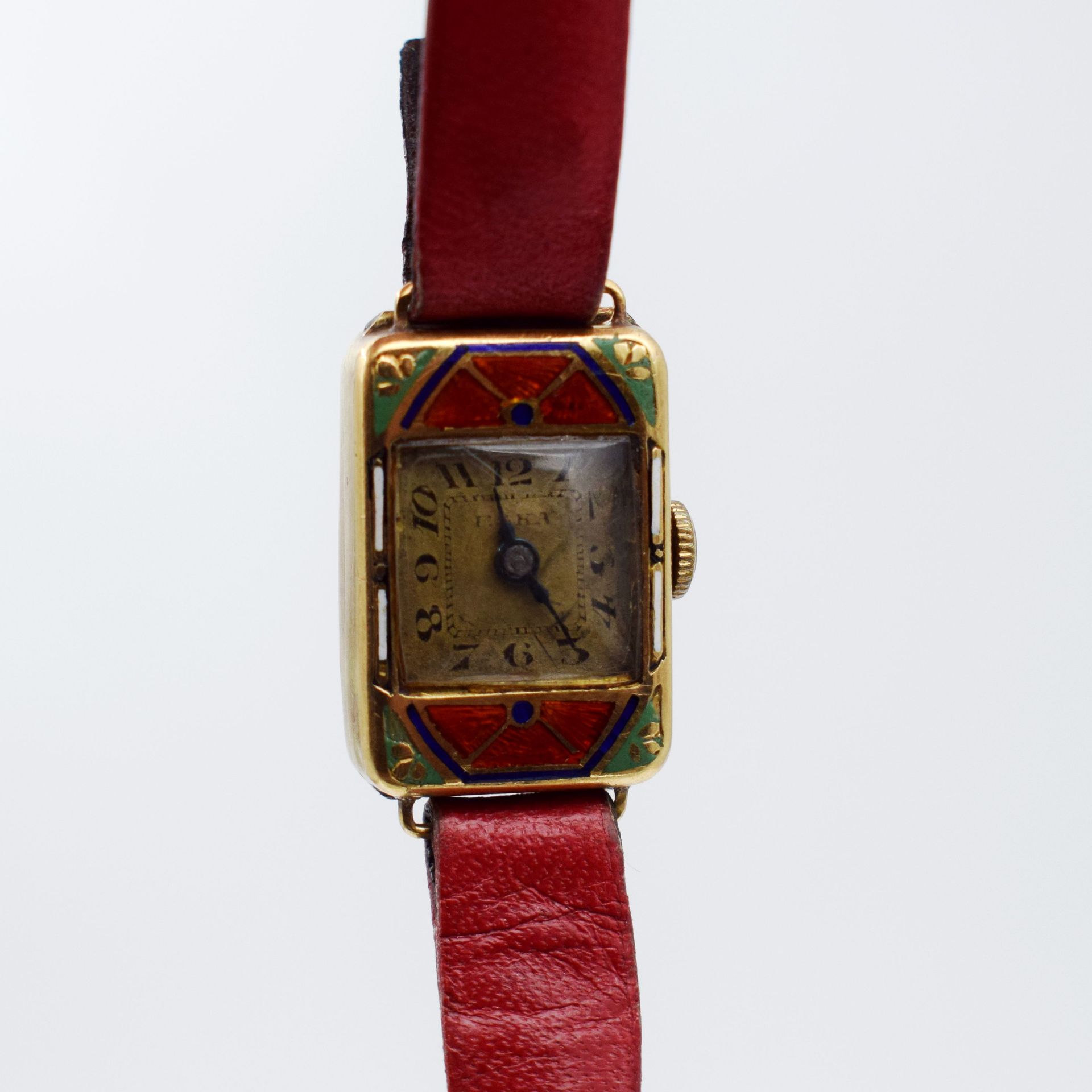Null Kleine Art-Deco-Damenuhr der Marke LARA, 18k Goldzifferblatt mit roten und &hellip;