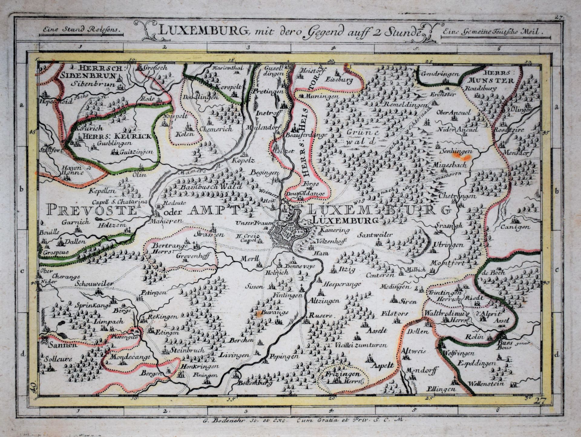 Null (MAP) 古代地图 "Luxemburg, mit dero Gegend auff 2 Stundé"，作者Johann STRIDBECK II&hellip;