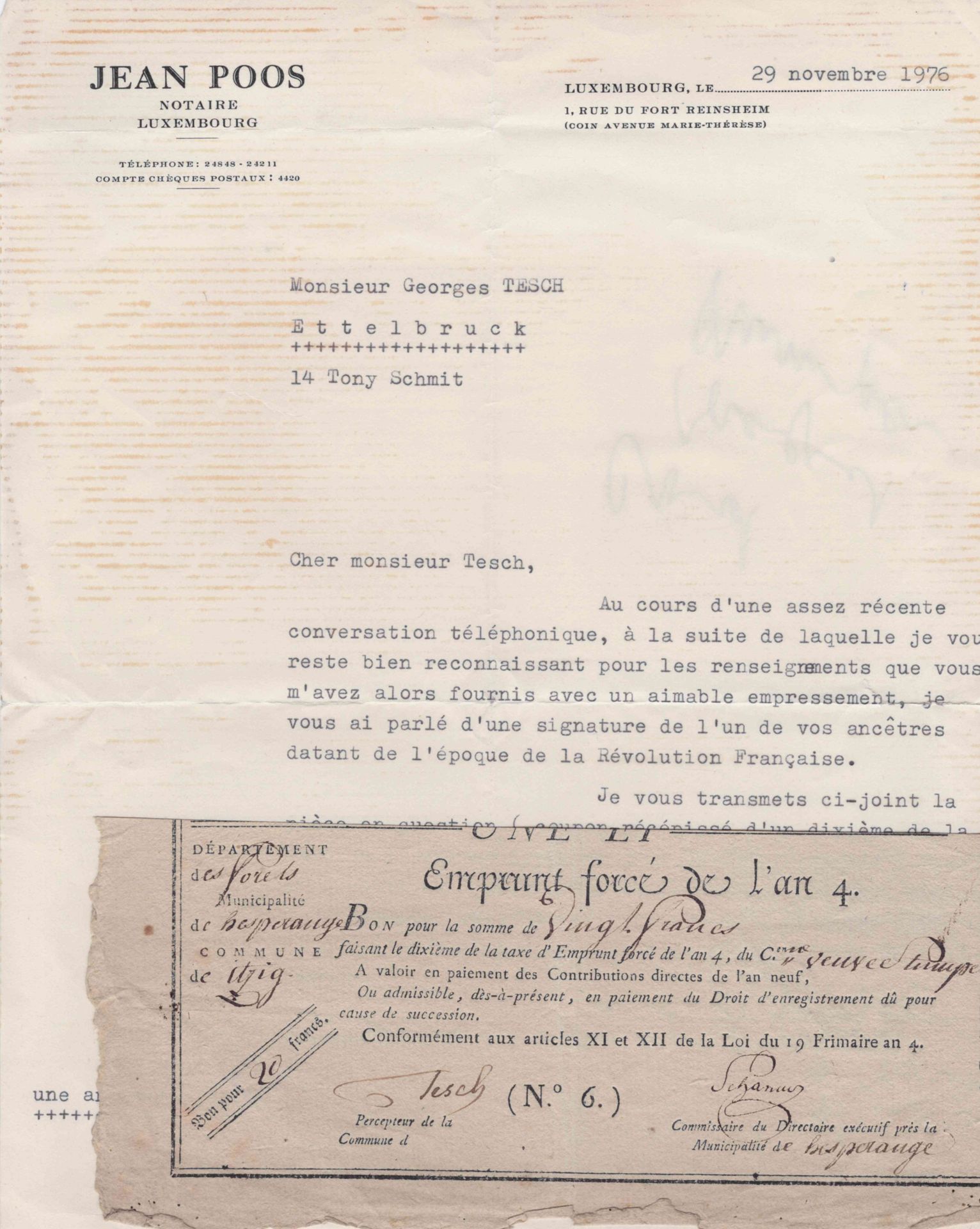 Null (文件)有趣的文件，即第四年(1796年)强制贷款税的十分之一的优惠券收据，由林业部伊齐格公社的收税员特施先生签署。附有1976年居住在卢森堡的公证人&hellip;