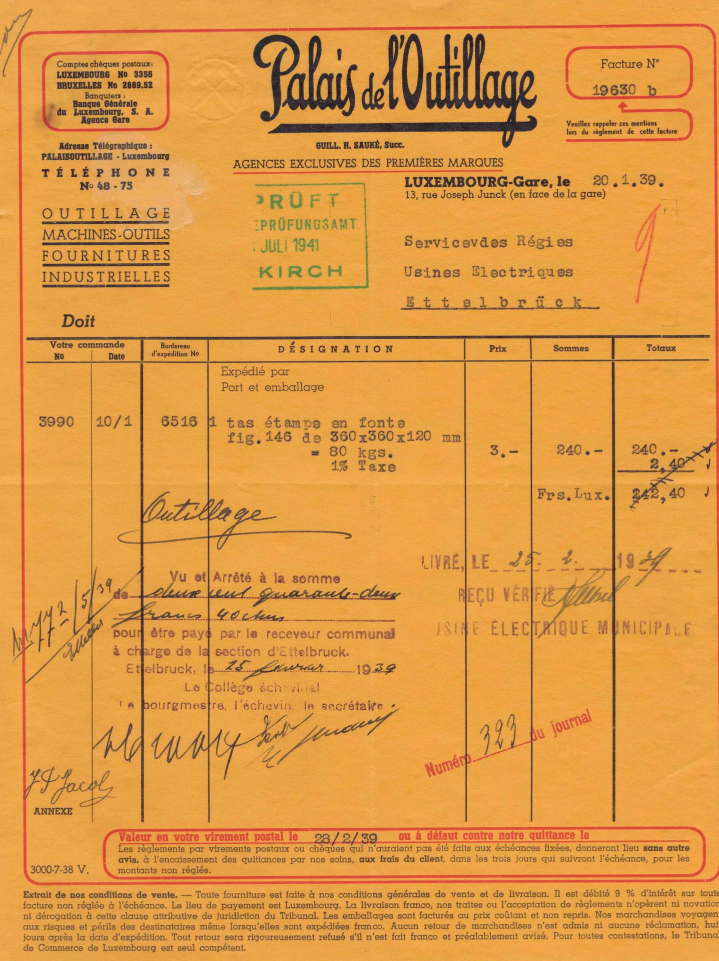 Null (发票)1939年，卢森堡-Gare的Palais de l'Outillage的发票，由当时的Ettelbruck镇长签署，27.5 x 21.5厘&hellip;