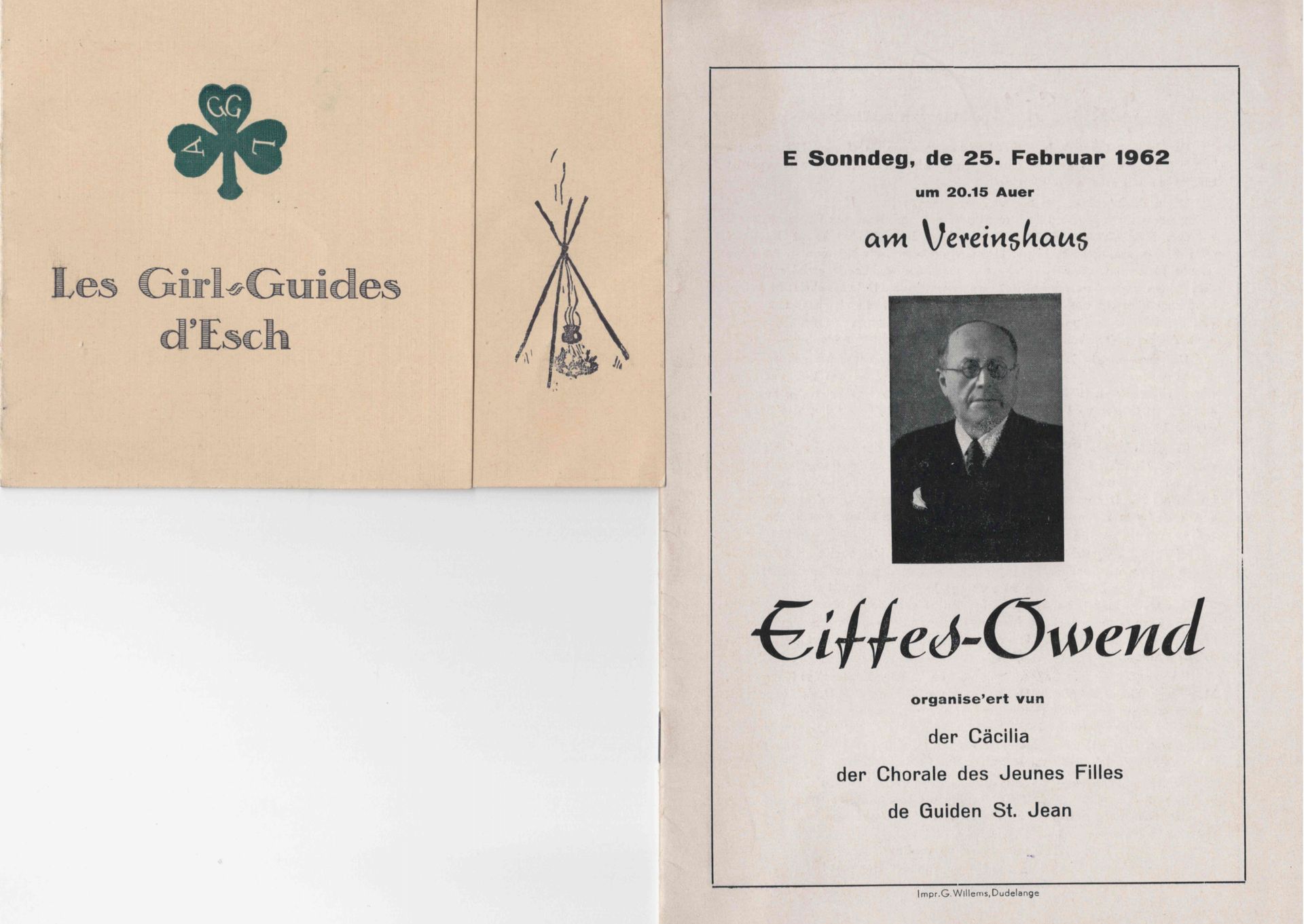 Null (SCOUT) 1 1934年 "埃施女童军 "年度晚会邀请函，10.5 x 14.5 cm + Eiffes-Owend organise'ert &hellip;