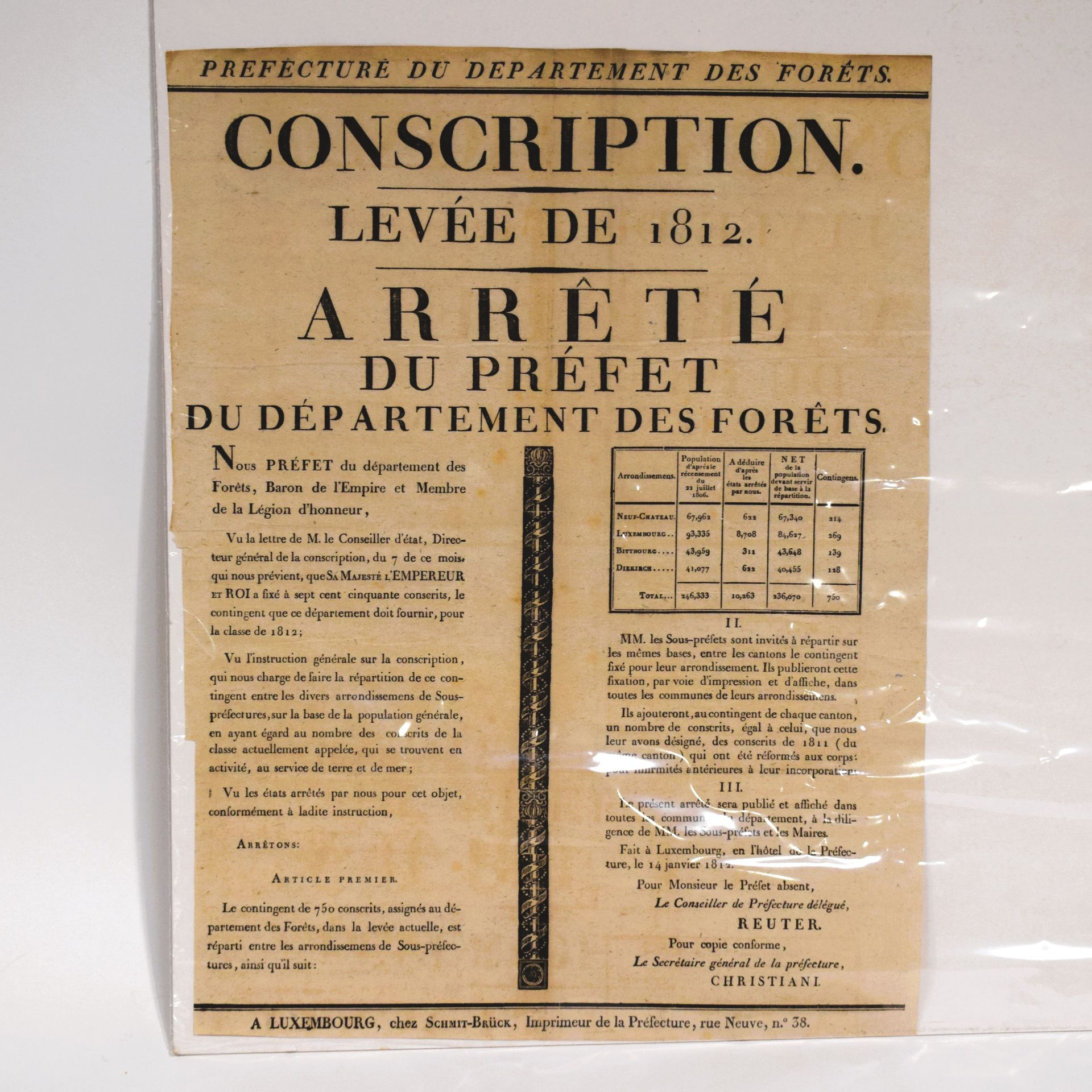 Null (海报)非常漂亮的海报，森林部门的县 "征兵。1812年的征税。Arrêté du Préfet (...)", A Luxembourg, chez&hellip;