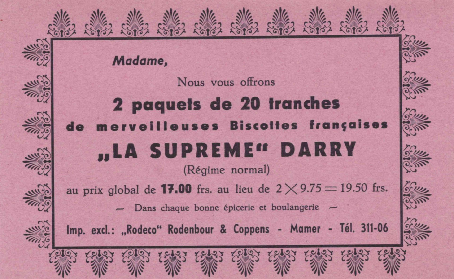 Null 进口商 "RODECO "在马梅尔为法国卢斯的促销说明，约1960年，9 x 14厘米
