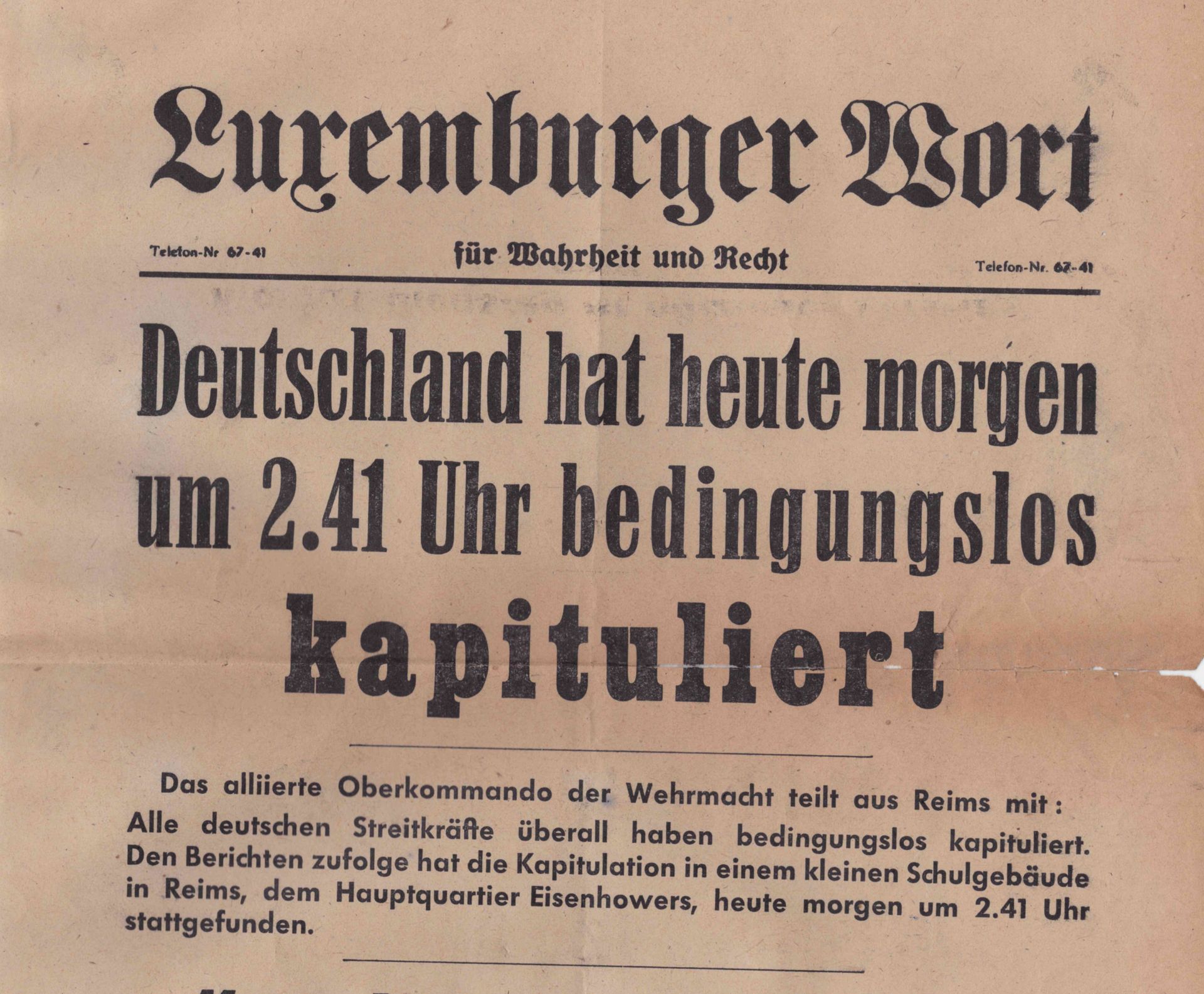 Null (WAR II) Luxemburger Wort poster announcing the surrender of Germany (May 8&hellip;