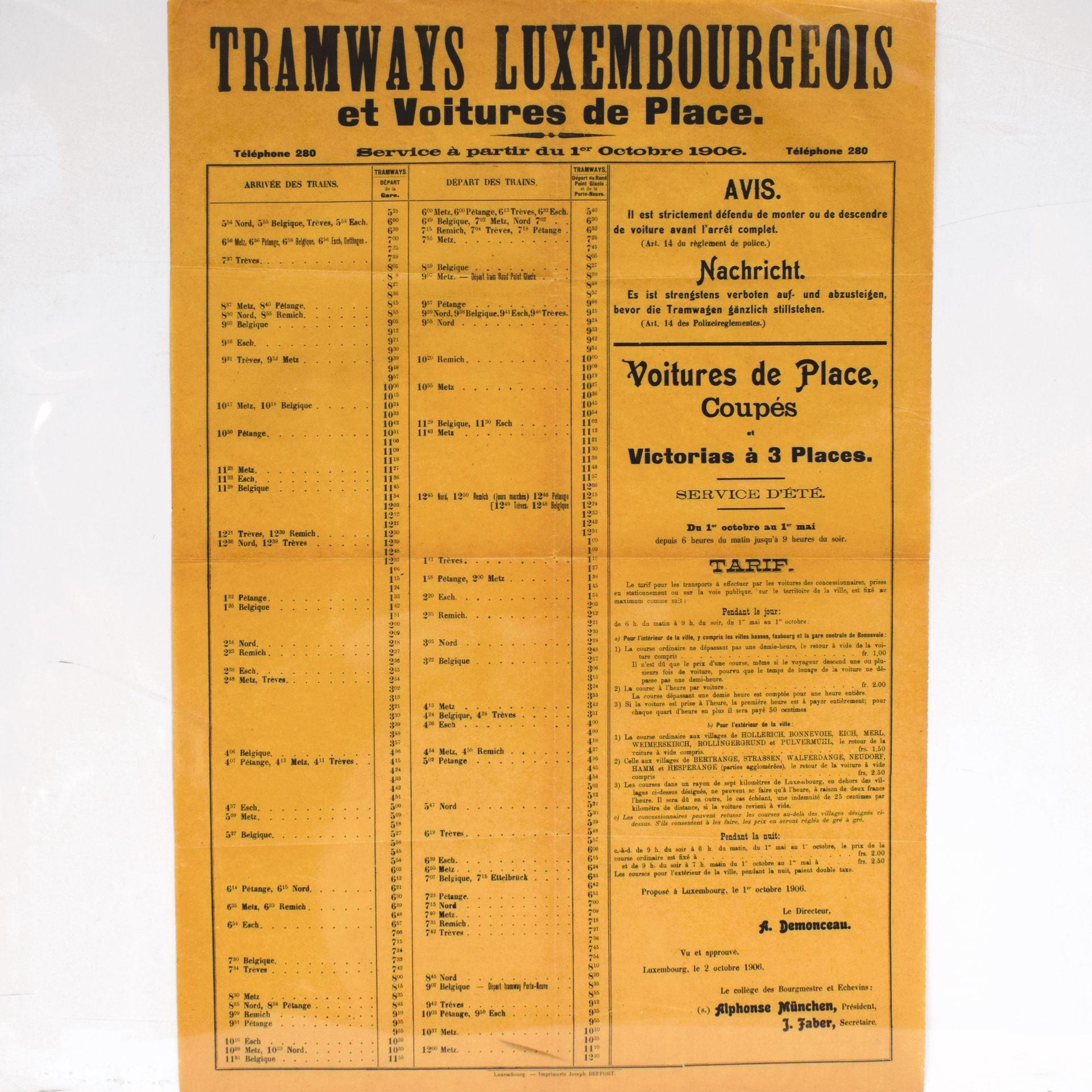 Null (海报) "卢森堡电车公司和地方车辆 "时间表的漂亮标语牌，1906年，卢森堡，Imprimerie Jos.Beffort，状况非常好，73 x 5&hellip;