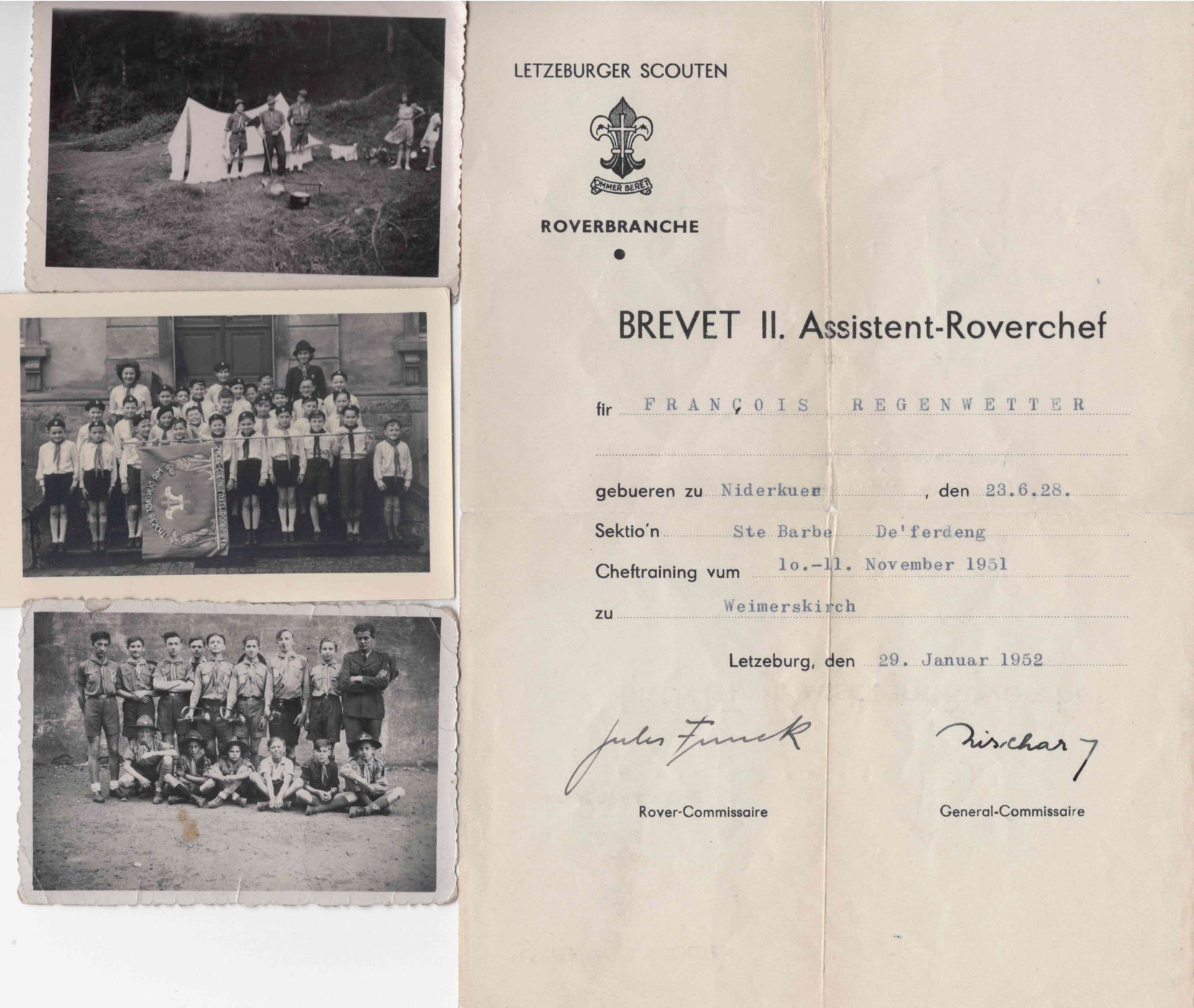 Null (SCOUT)1947年童子军(Bonnevoie)阅兵或远行的9张照片的重合+1952年颁发的 "Assisten-Roverchef "证书