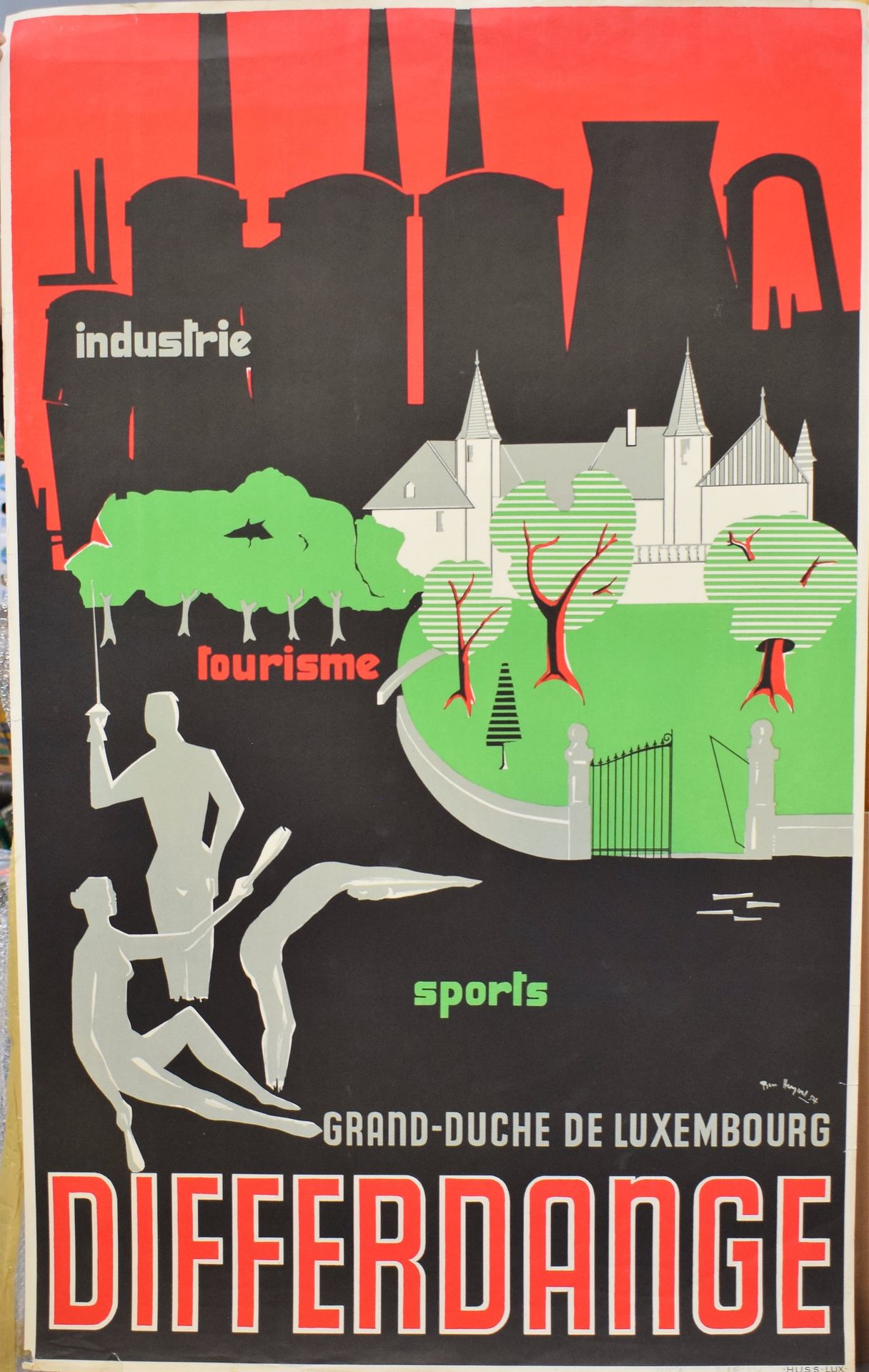 Null (海报）非常漂亮的DIFFERDANGE "工业、旅游、体育 "的旅游海报，Imprimerie HUSS，由Ben HEYART设计，日期为54年，&hellip;