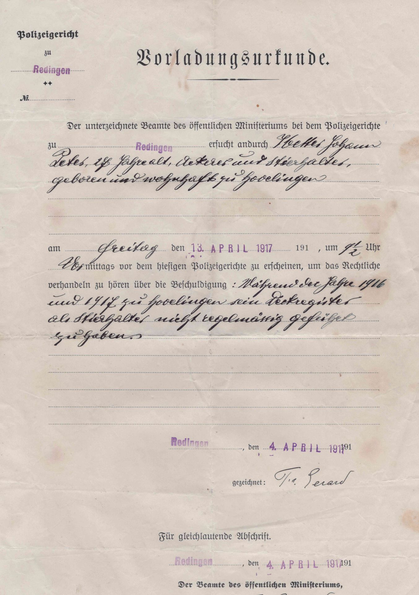 Null (POLIZIA) Citazione emessa dalla polizia di Redingen nel 1917 contro un all&hellip;