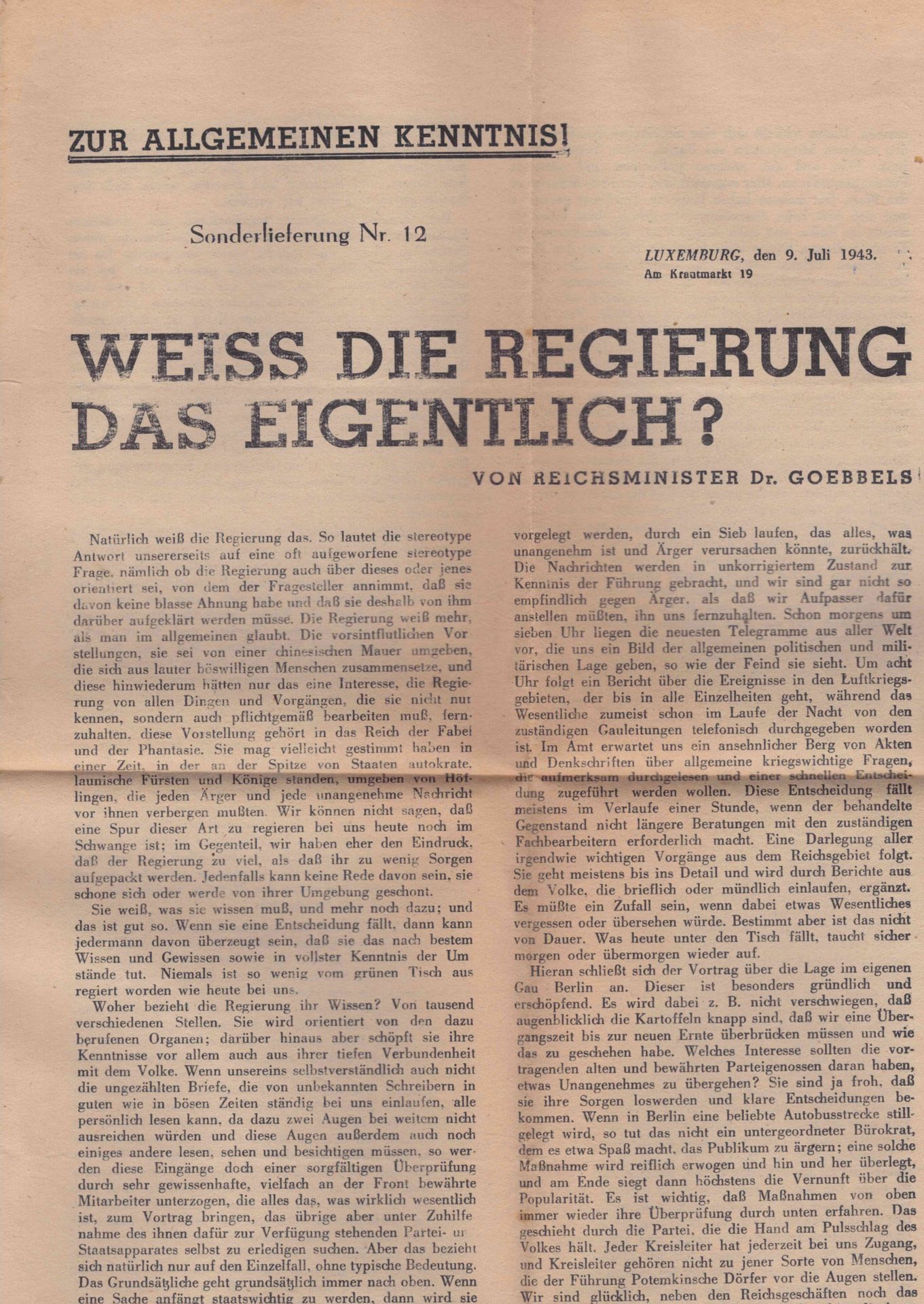Null (GUERRA II) Foglio di propaganda ZUR ALLGEMEINEN KENNTNIS! 9. Juli 1943, So&hellip;