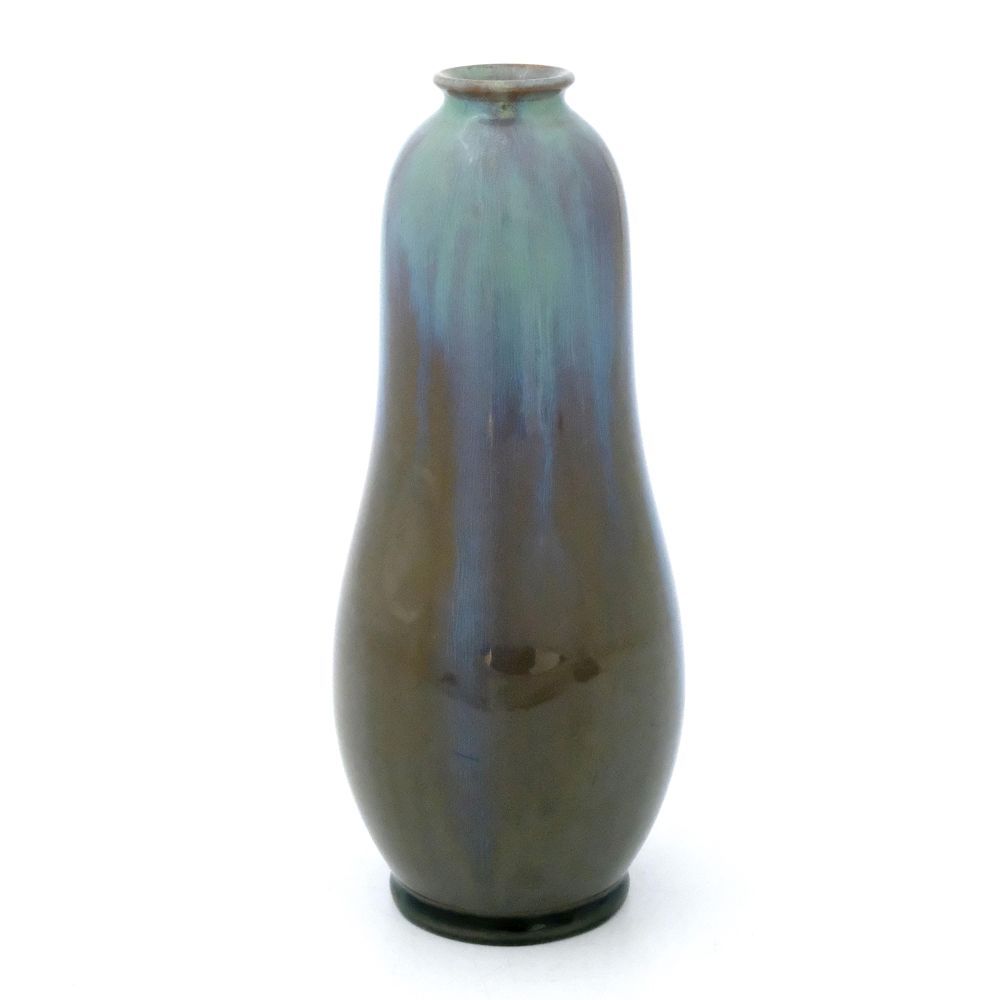 Null 皮尔金顿，皇家兰开斯特乳白色蛇纹石釉花瓶，1912年，双葫芦形式，棕色紫色上有条纹的蓝色，印记，2126，高21厘米