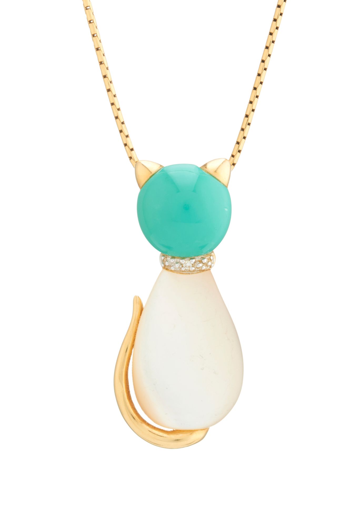 Null An 18ct gold mother-of-pearl and turquoise cabochon cat pendant, with brill&hellip;