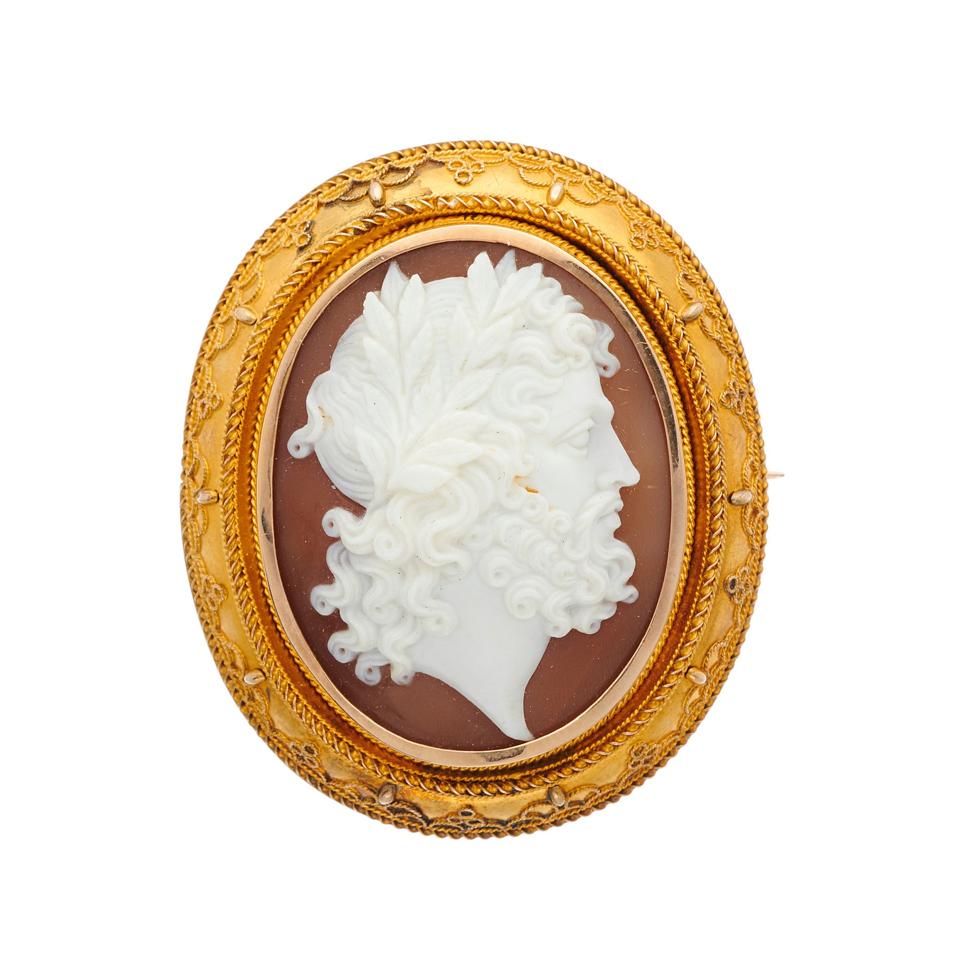 Null A late Victorian gold, shell cameo portrait brooch, carved to depict Zeus i&hellip;