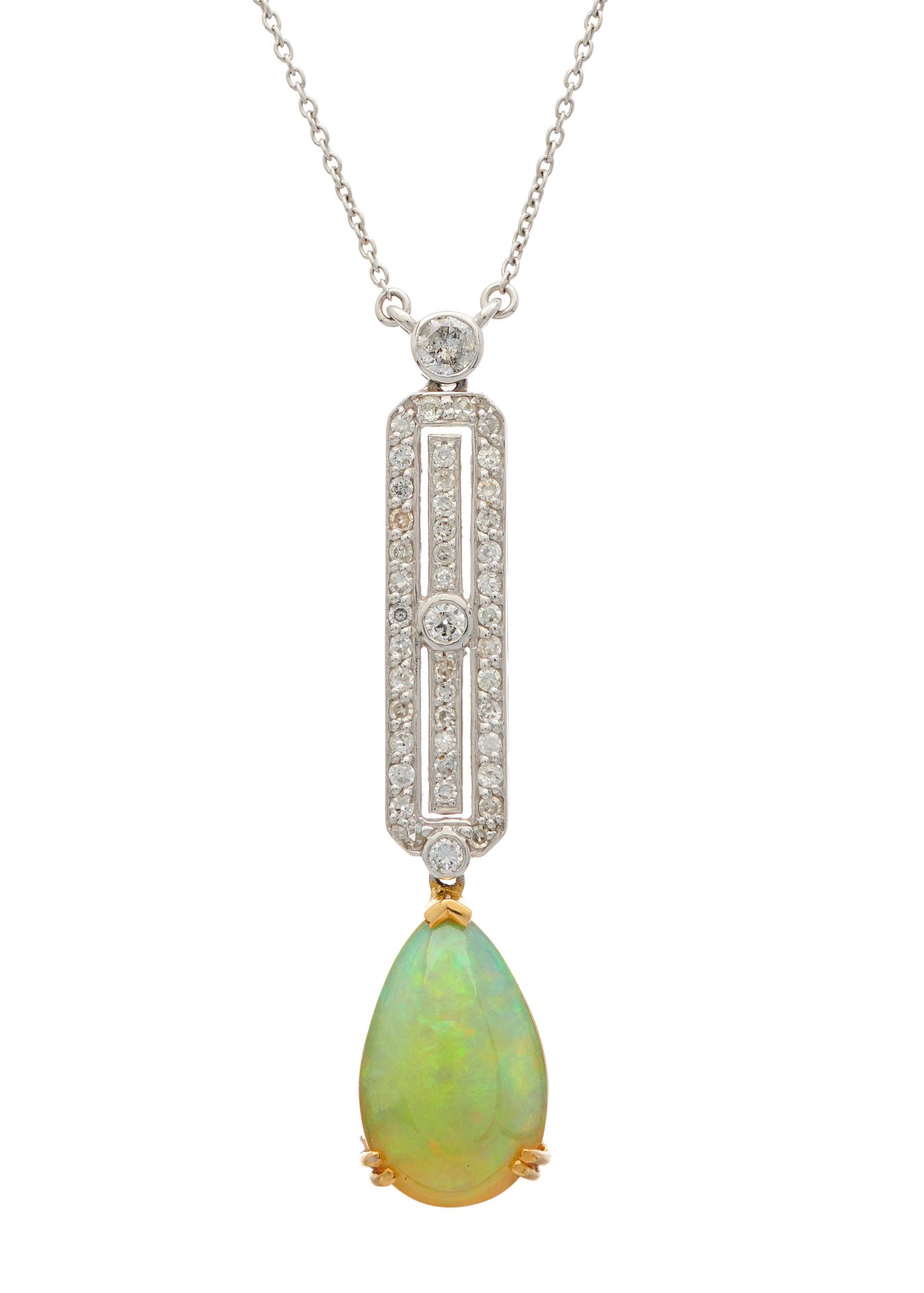 Null An 18ct gold opal cabochon and circular-cut diamond pendant, suspended from&hellip;