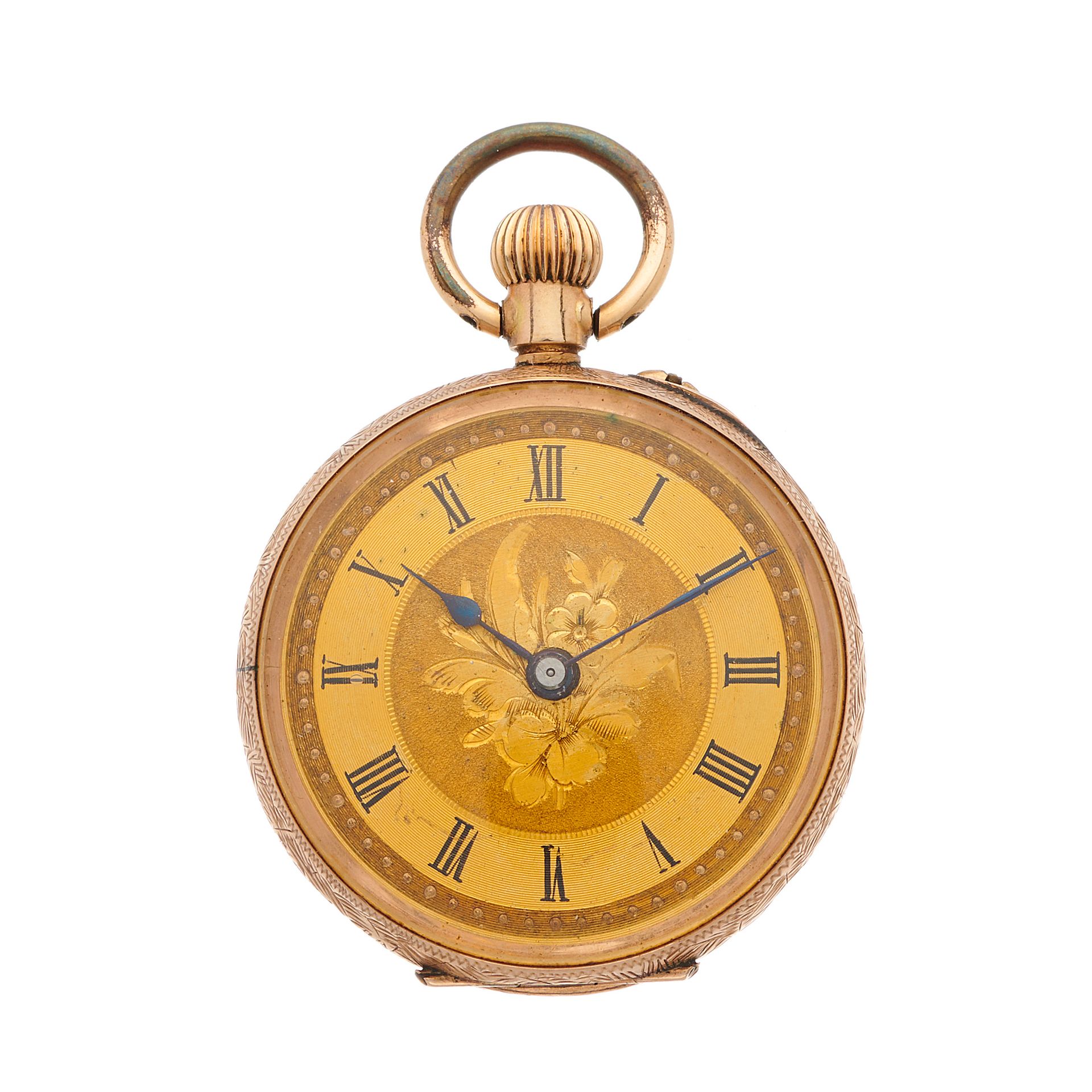 Null A late 19th century 9ct gold fob watch, with floral engraved dial and rever&hellip;