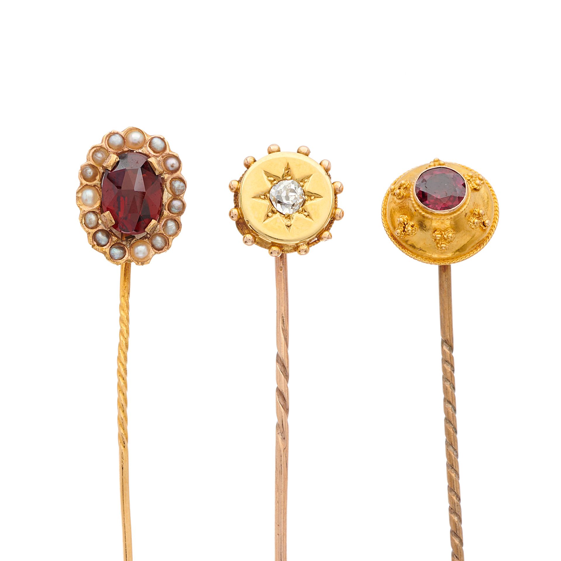 Null A selection of seven diamond and gem-set stick pins, to include three Victo&hellip;