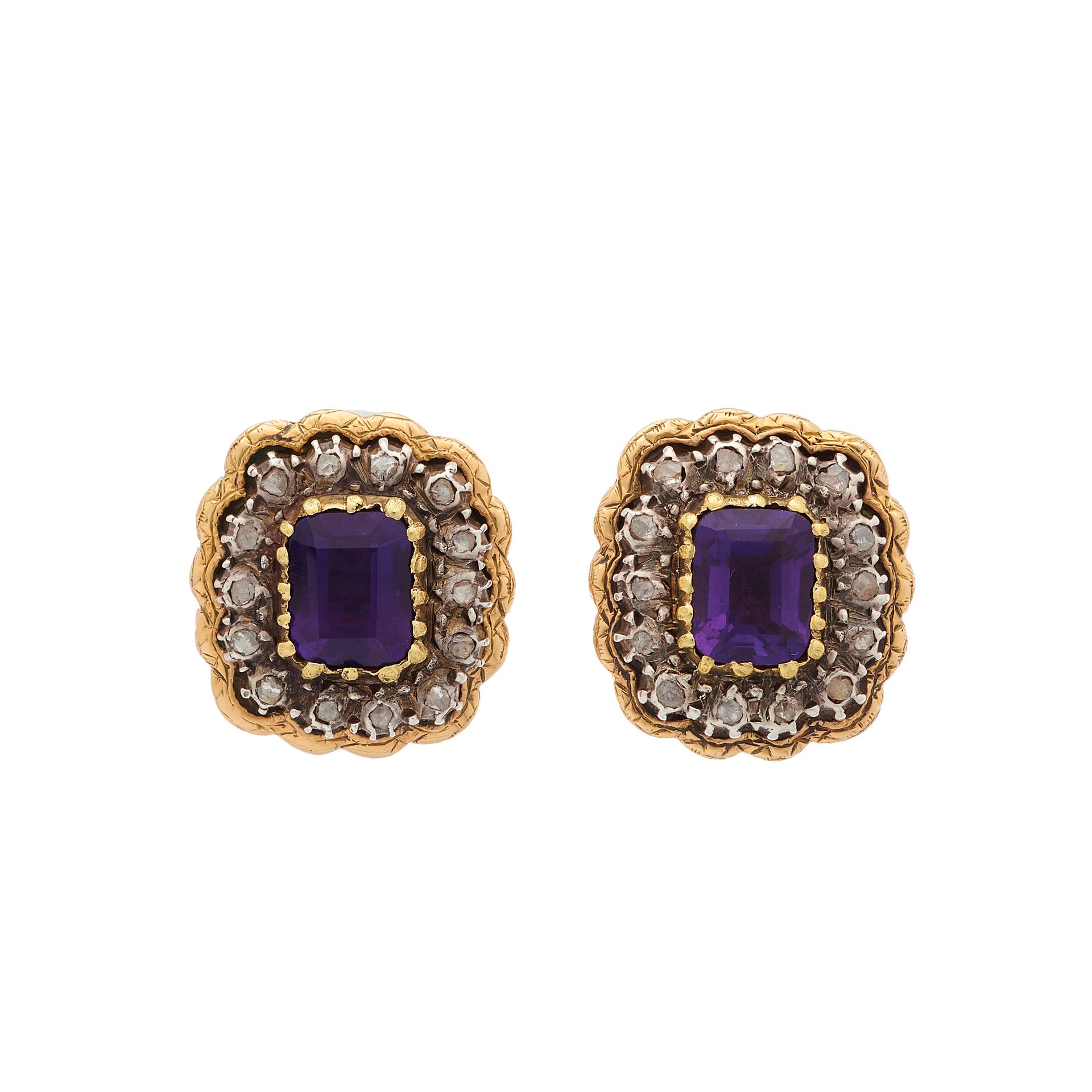 Null A pair of gold, amethyst and rose-cut diamond cluster earrings, with engrav&hellip;