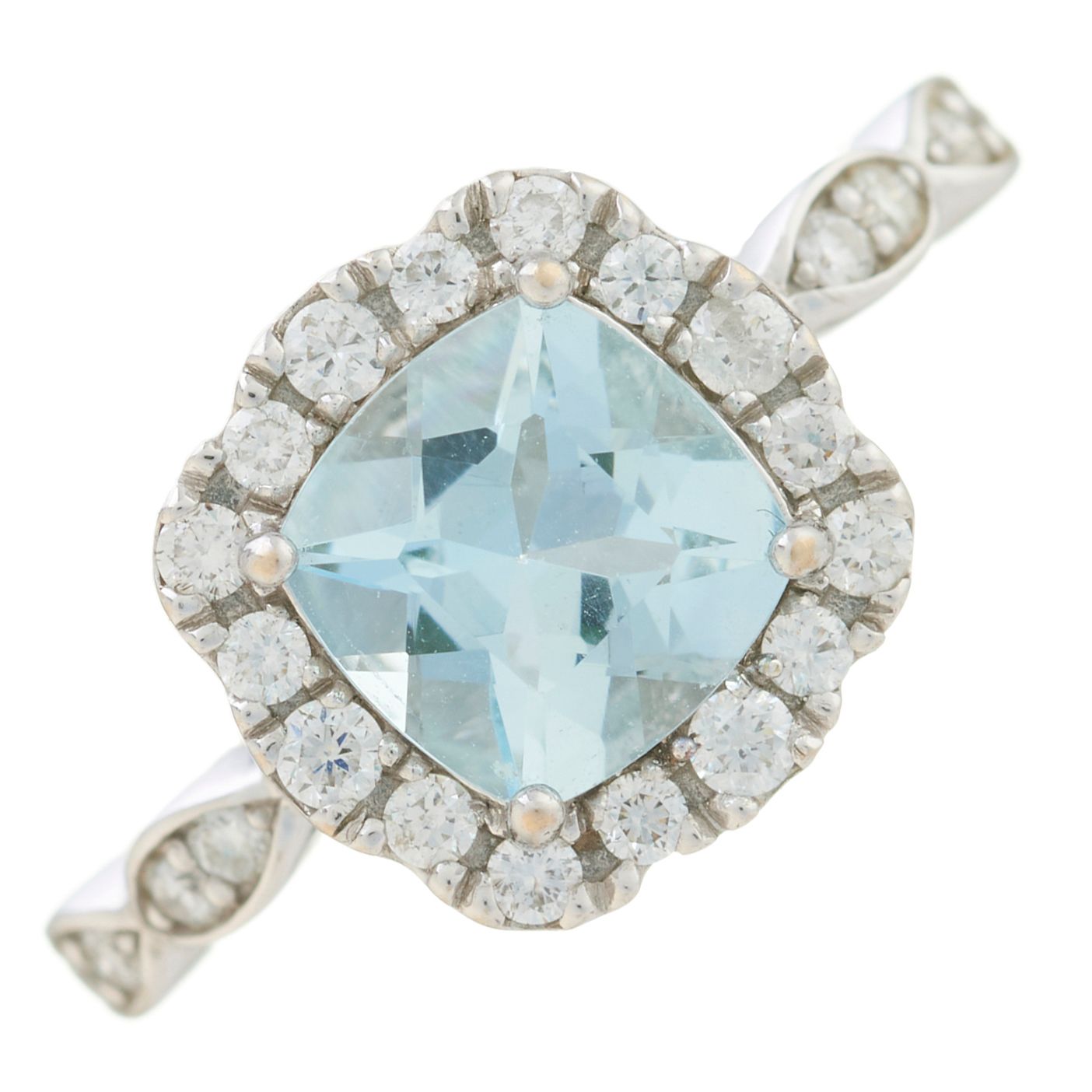 Null 一枚14K金海蓝宝石和明亮式切割钻石簇戒指，带有类似切割的钻石肩部和画廊，海蓝宝石估计重1.40克拉，钻石估计总重0.40克拉，印有14K，戒指尺寸N&hellip;