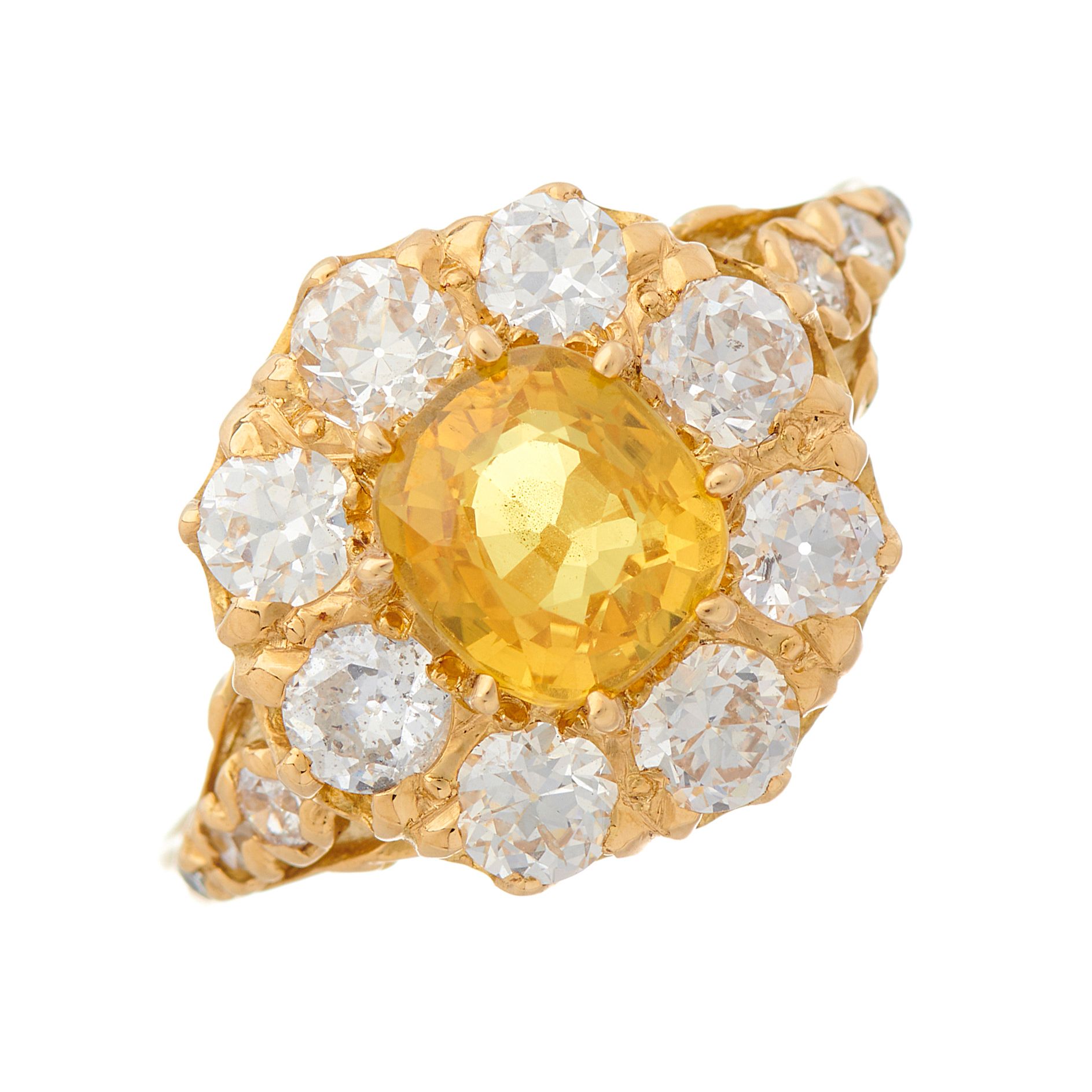 Null An 18ct gold yellow sapphire and old-cut diamond cluster ring, with old and&hellip;