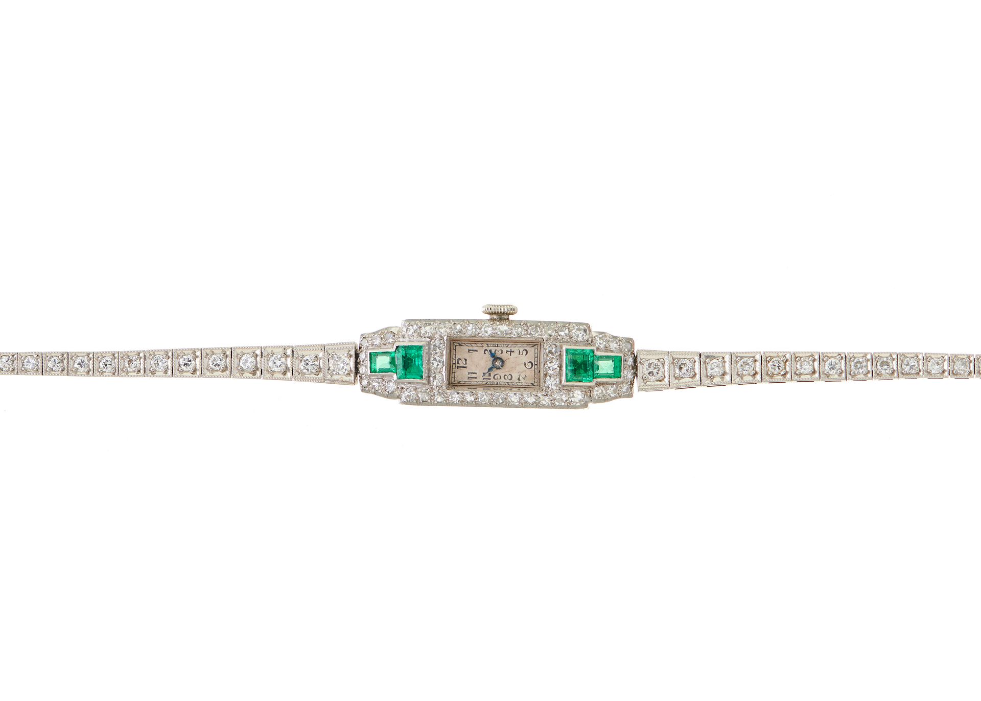 Null 一块装饰艺术风格的铂金、祖母绿和圆形切割钻石鸡尾酒手镯手表，估计钻石总重量为2.20克拉，I-J色，VS2-SI净度，表壳编号为J527和G6153，&hellip;