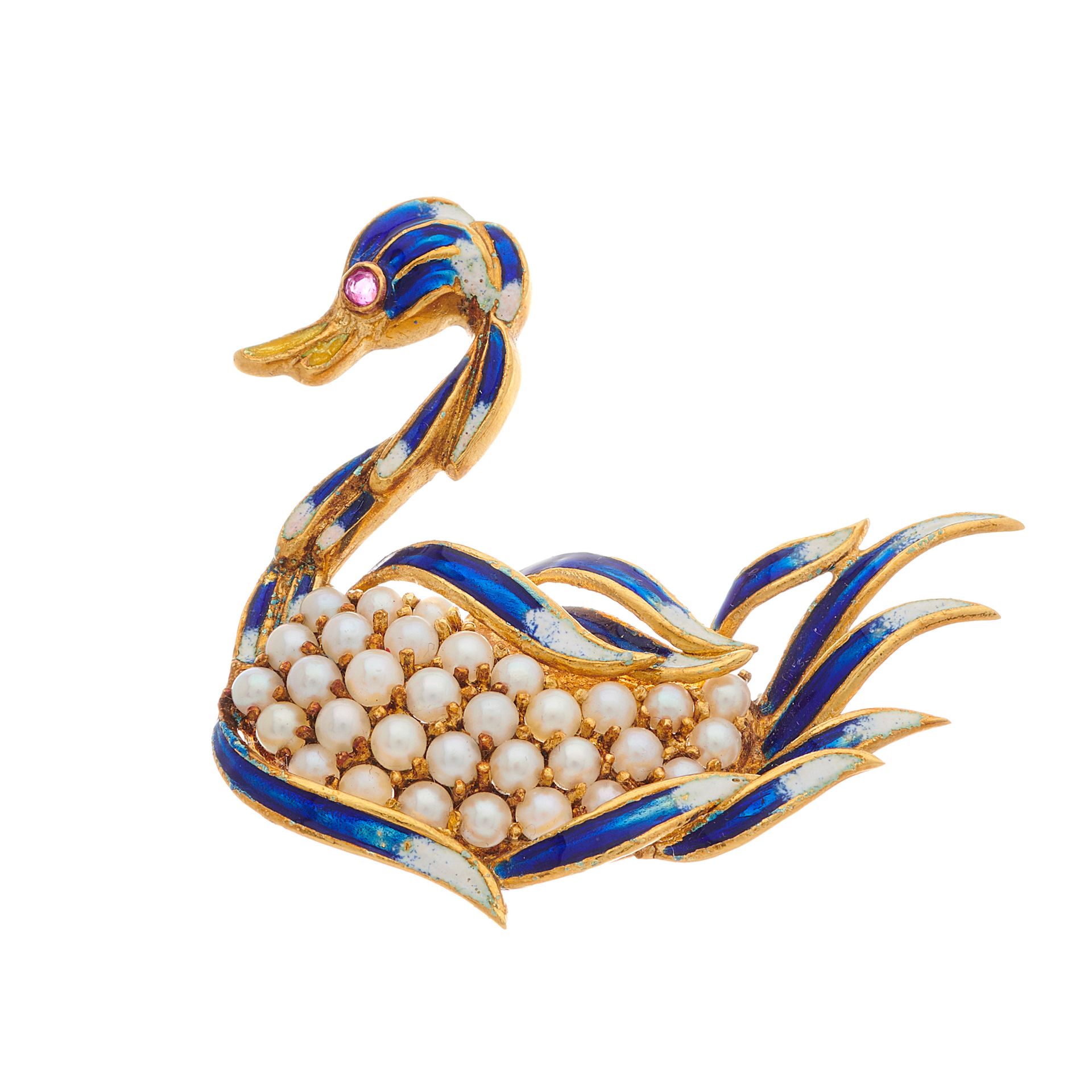 Null An 18ct gold pearl and enamel swan brooch, with ruby eye detail and yellow &hellip;