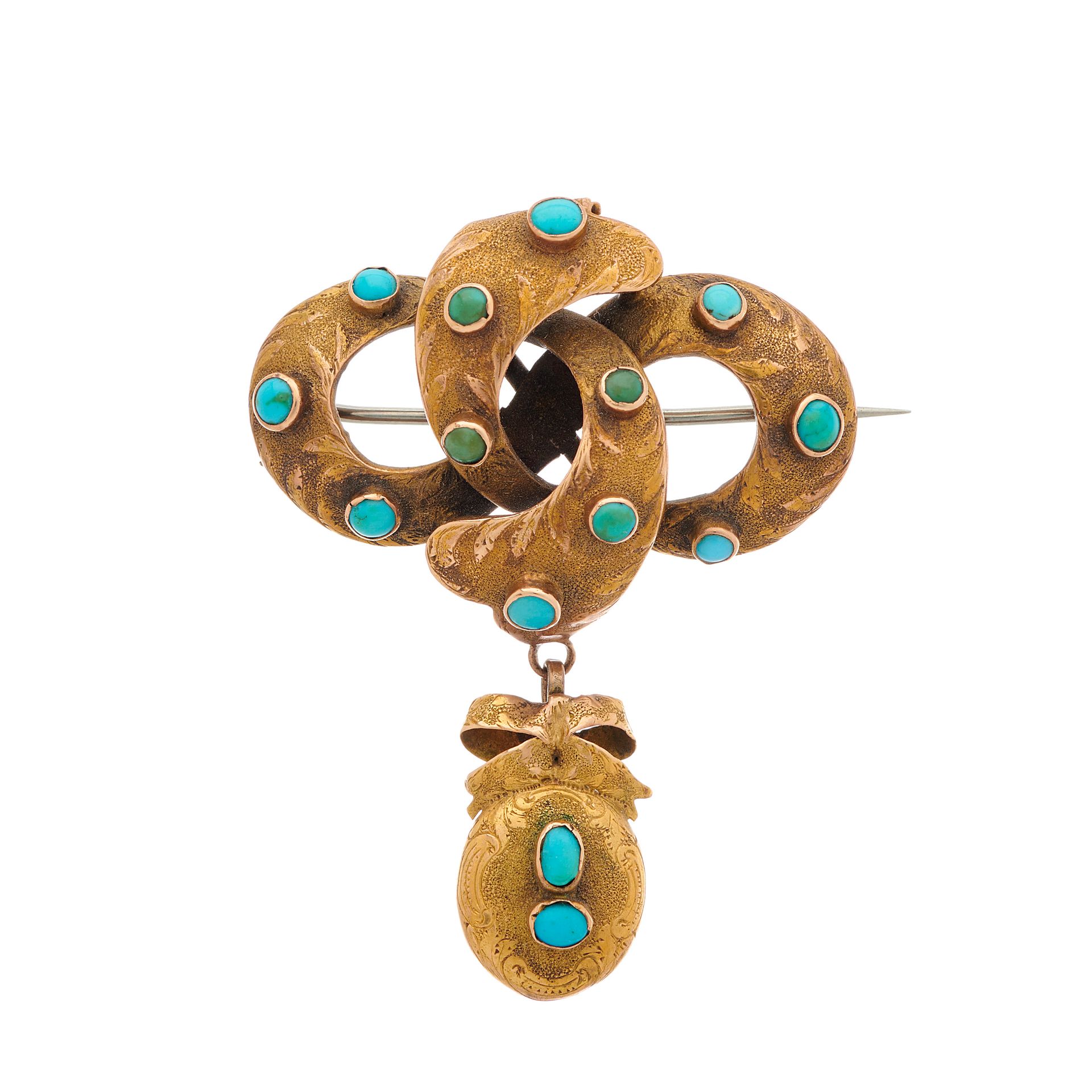 Null A late Victorian gold, turquoise cabochon brooch, suspending a similarly-se&hellip;
