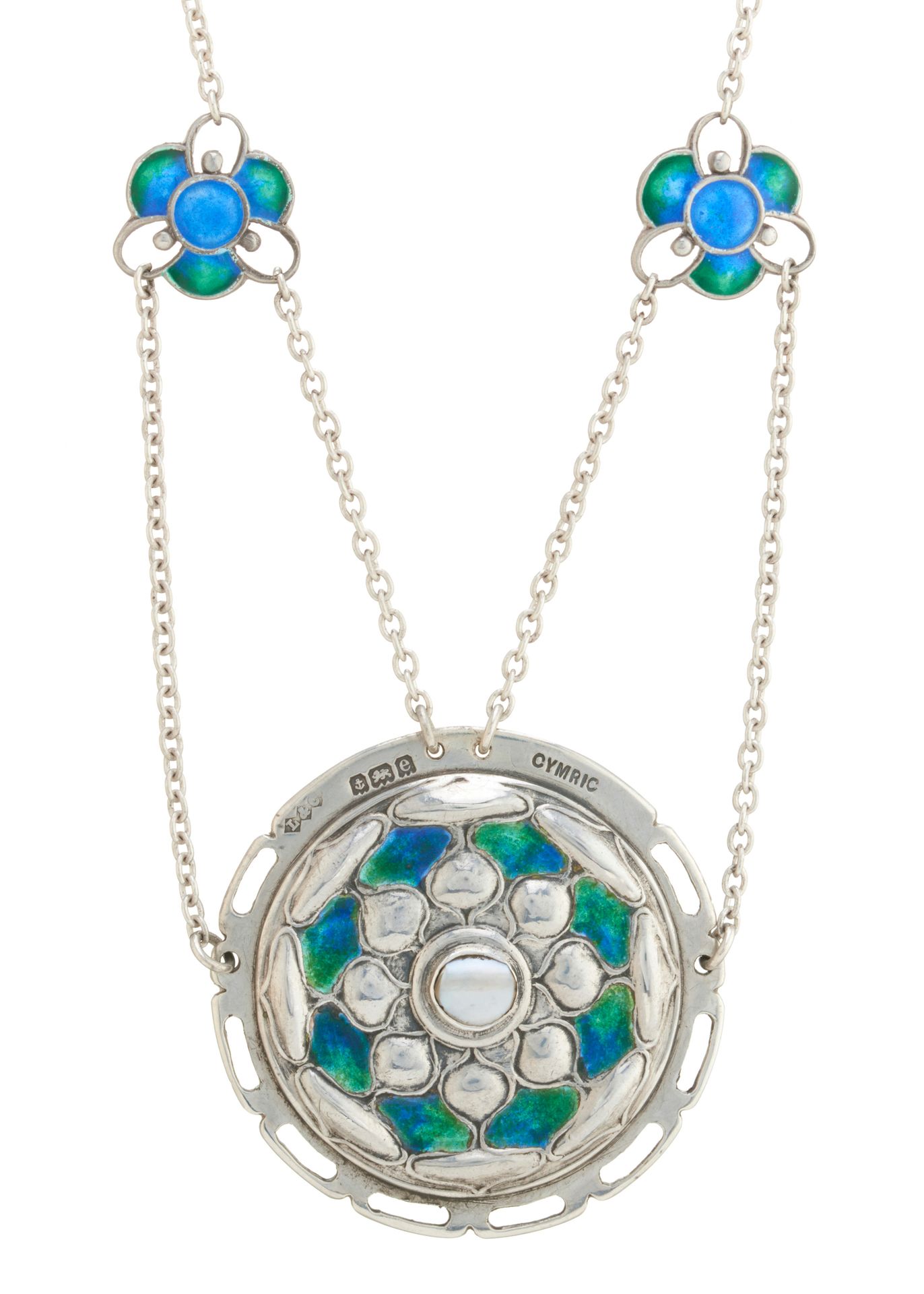 Null Archibald Knox für Liberty & Co, eine florale Halskette aus Silber, polychr&hellip;