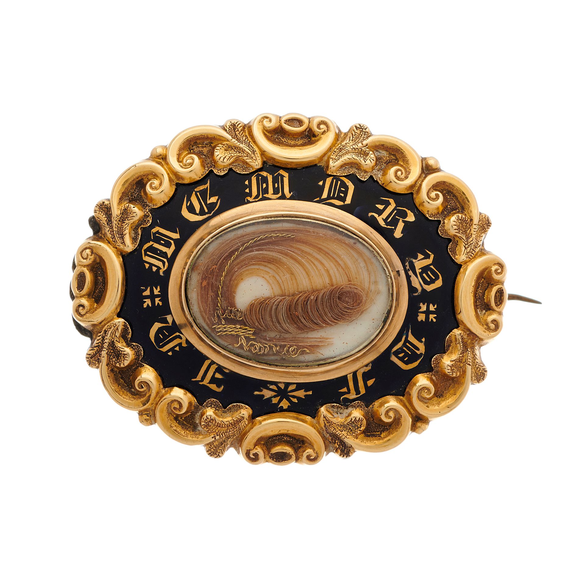 Null A mid Victorian gold and black enamel mourning brooch, with central glazed &hellip;