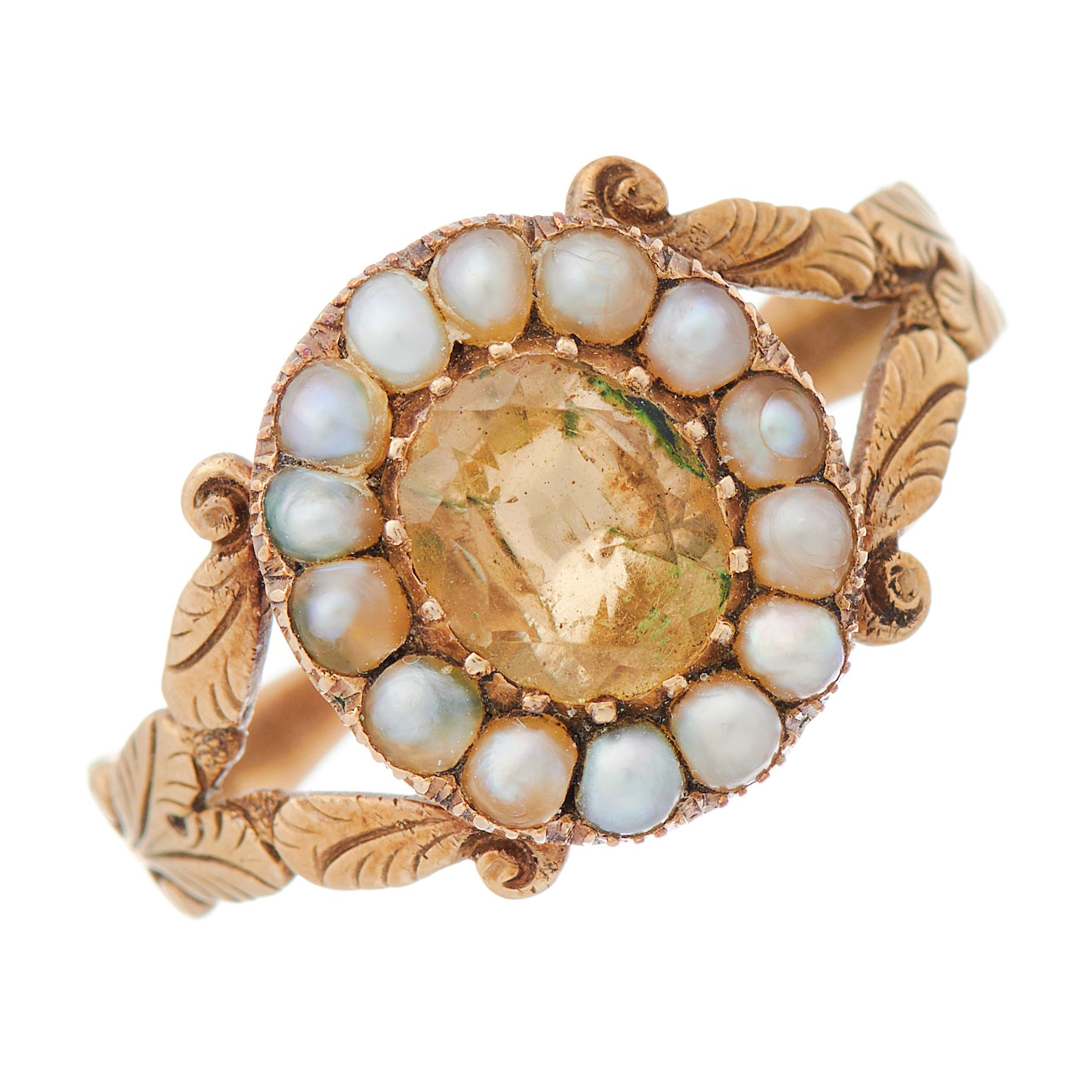 Null A late Georgian gold, citrine and split pearl cluster ring, with floral eng&hellip;