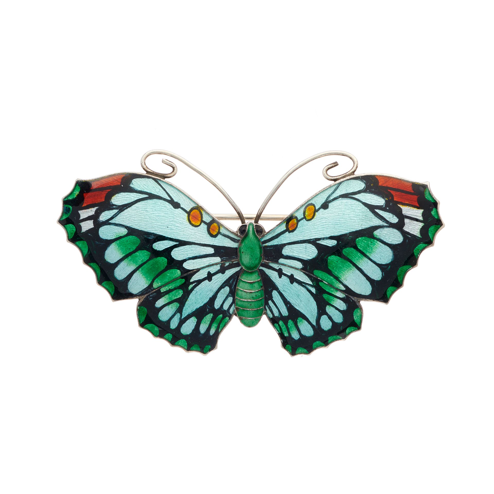 Null John Atkins & Sons, broche papillon en argent et émail polychrome du début &hellip;