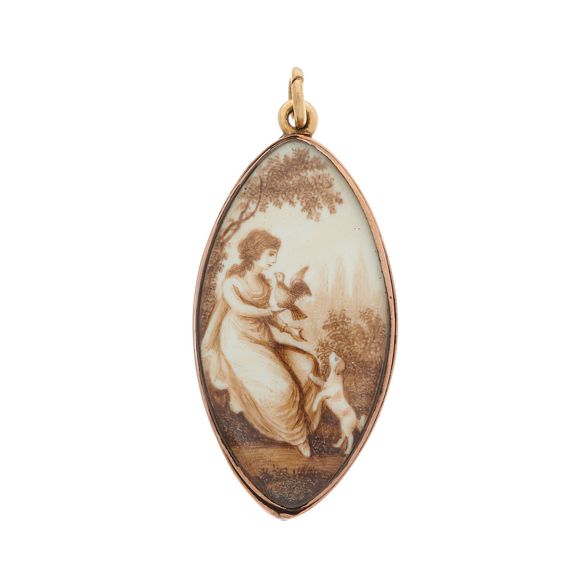 Null A late Georgian gold, sepia on ivory pendant, painted to depict a seated la&hellip;