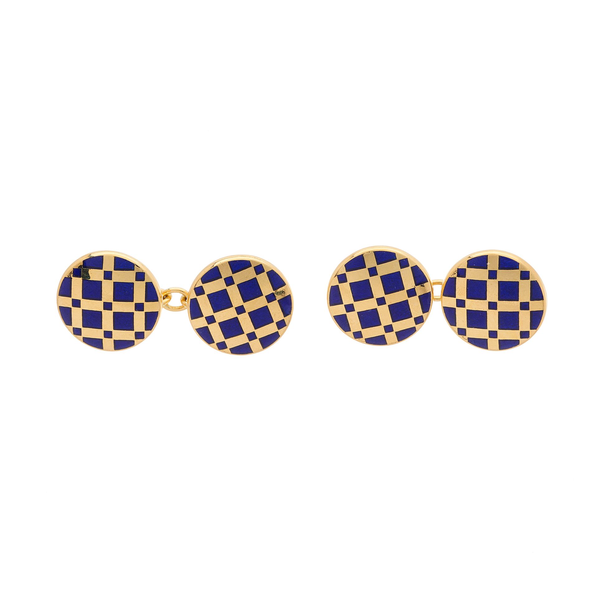 Null 一对18K金蓝色珐琅几何袖扣，圆形轮廓，带有连接的链子，有伯明翰1989年的印记，袖扣面的直径为1.4厘米，15.5克 - 整体状况良好 - 珐琅的状&hellip;