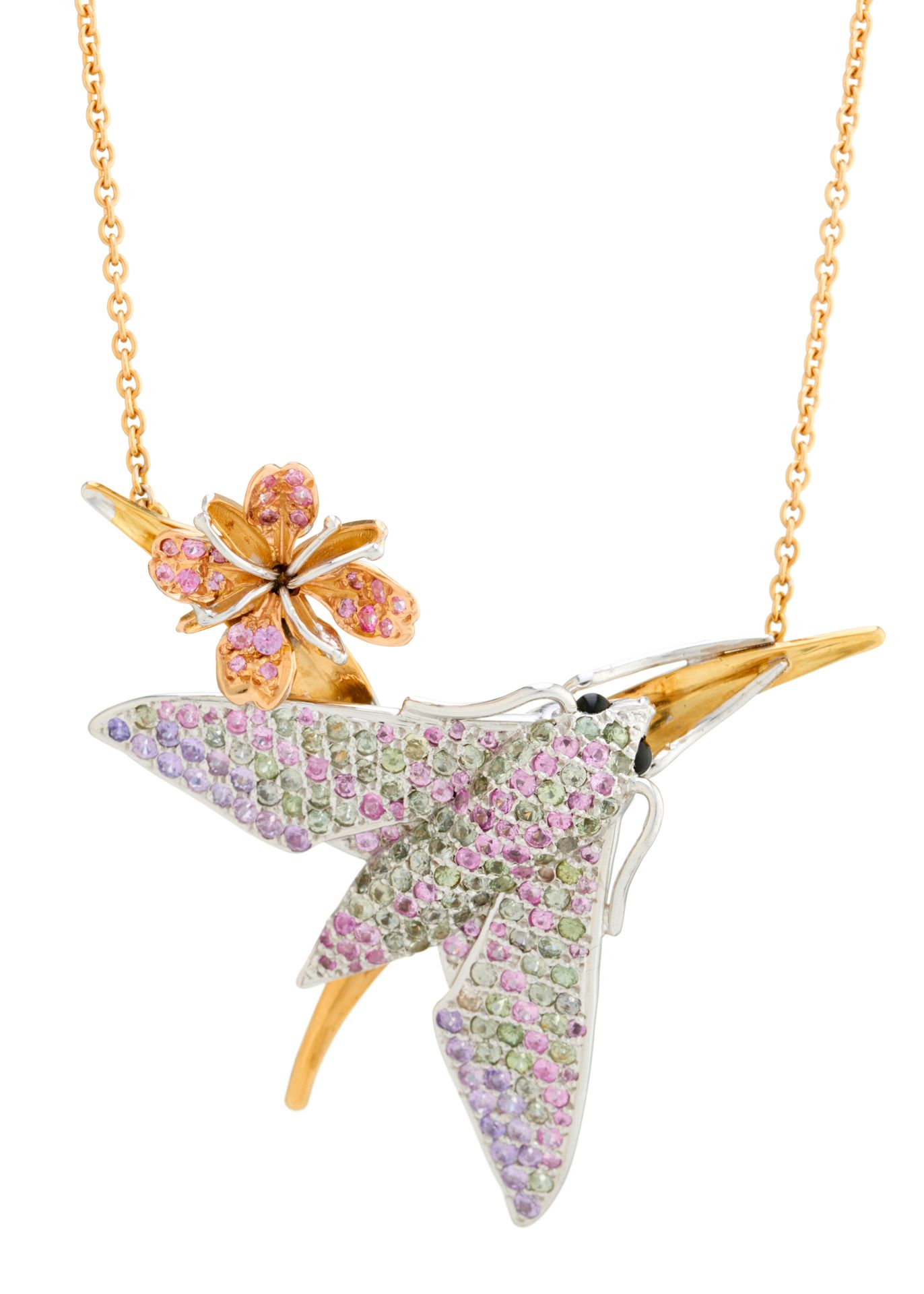 Null An 18ct gold pink and green sapphire, moth and flower bi-colour pendant, wi&hellip;