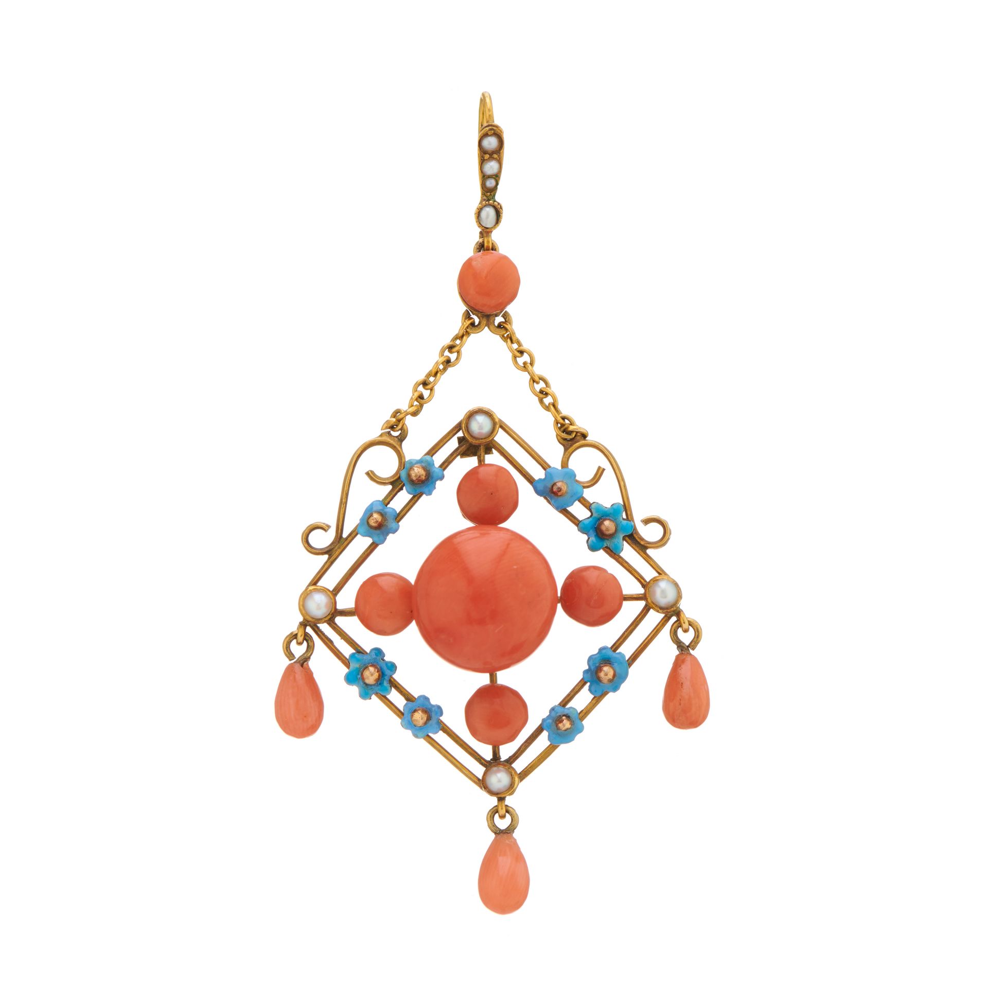 Null An early 20th century 15ct gold coral, split pearl and blue enamel pendant,&hellip;