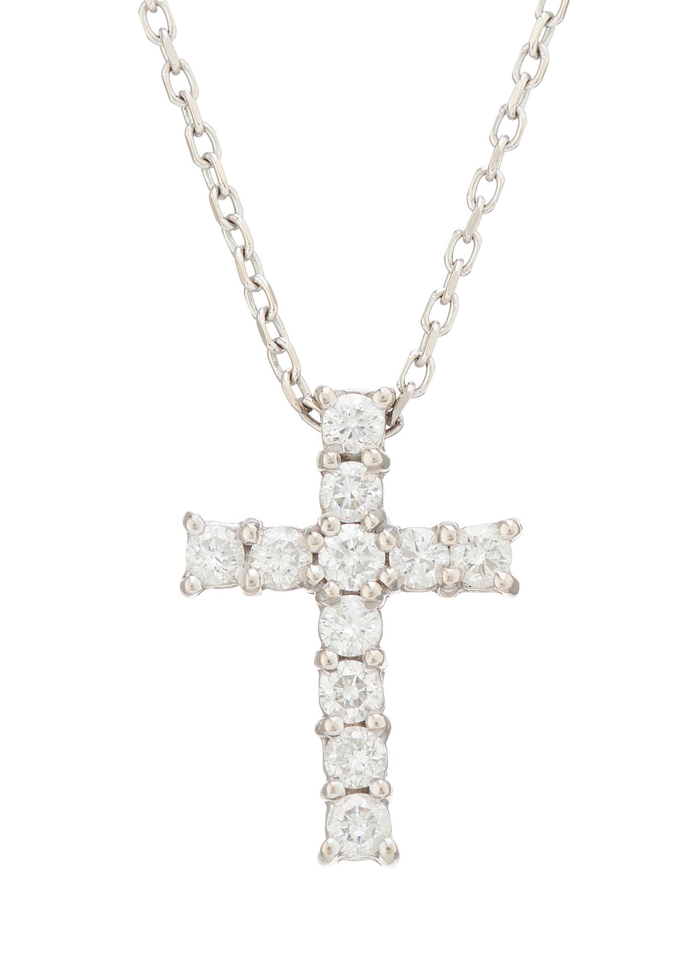 Null 一个钻石十字架吊坠，悬挂在18K金链上，估计钻石总重量为0.60克拉，颜色为H-I，净度为VS2-SI，链子上有伦敦的印记，吊坠长度为1.8厘米，链子&hellip;