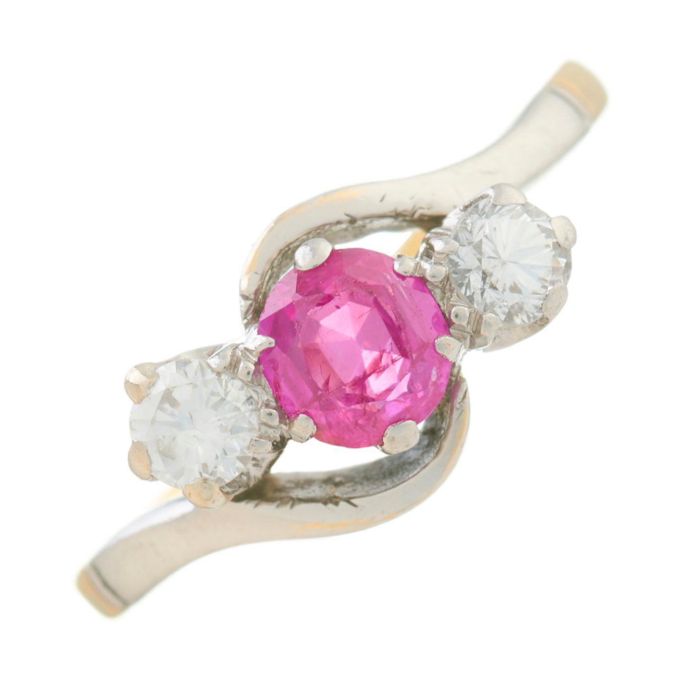 Null A mid 20th century 18ct gold and platinum, pink sapphire and brilliant-cut &hellip;