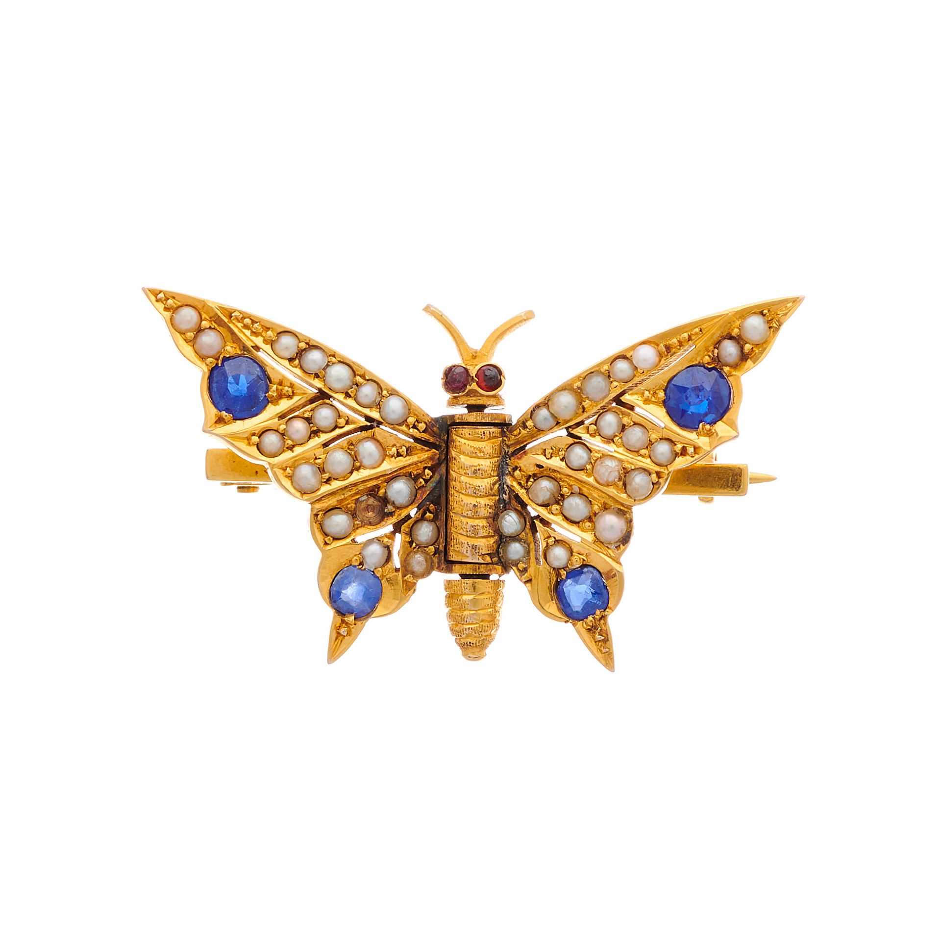 Null Spilla a farfalla con occhi di granato, in oro, zaffiri e perle spaccate, d&hellip;