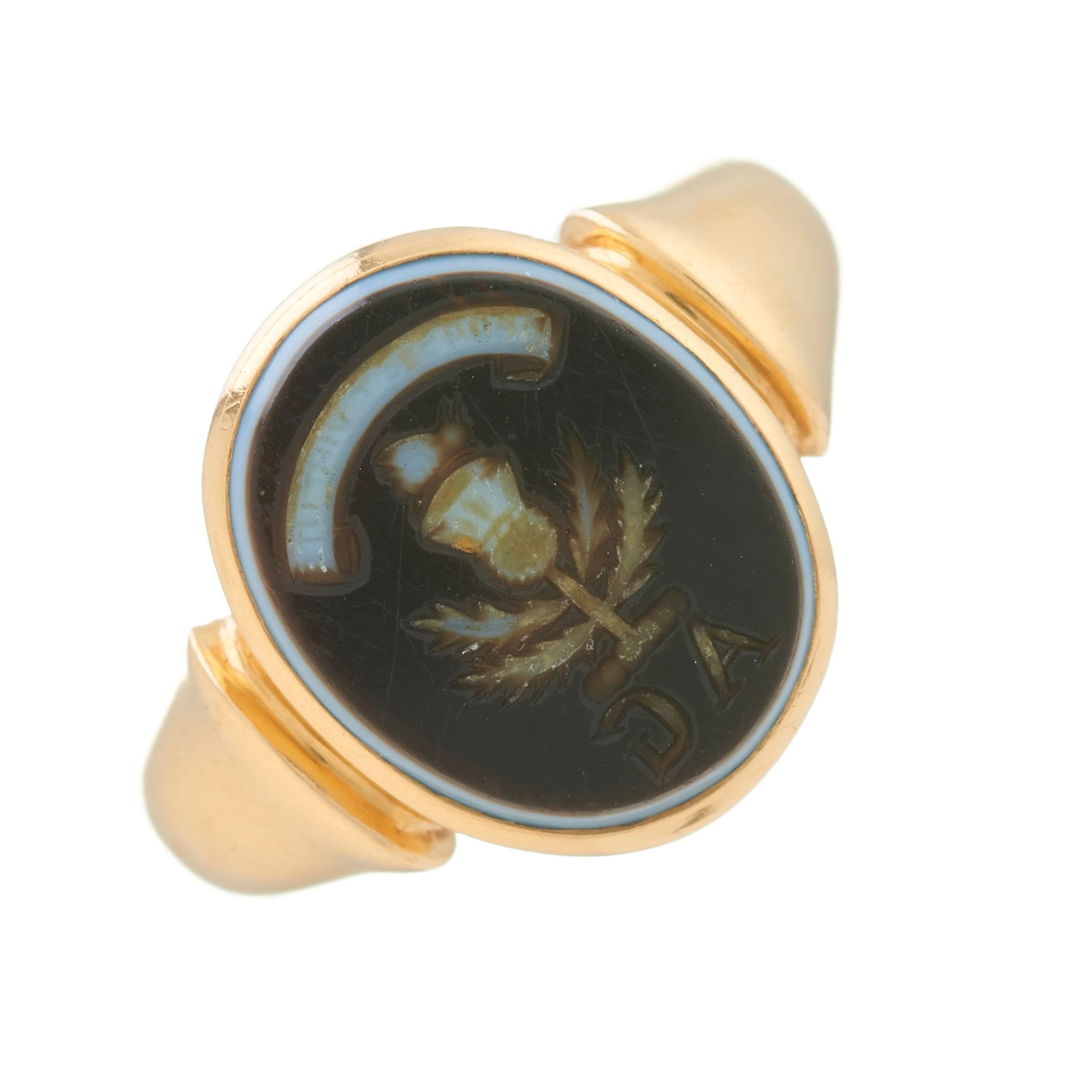 Null Bague sigillaire en or du 19ème siècle en sardonyx, probablement gravée de &hellip;