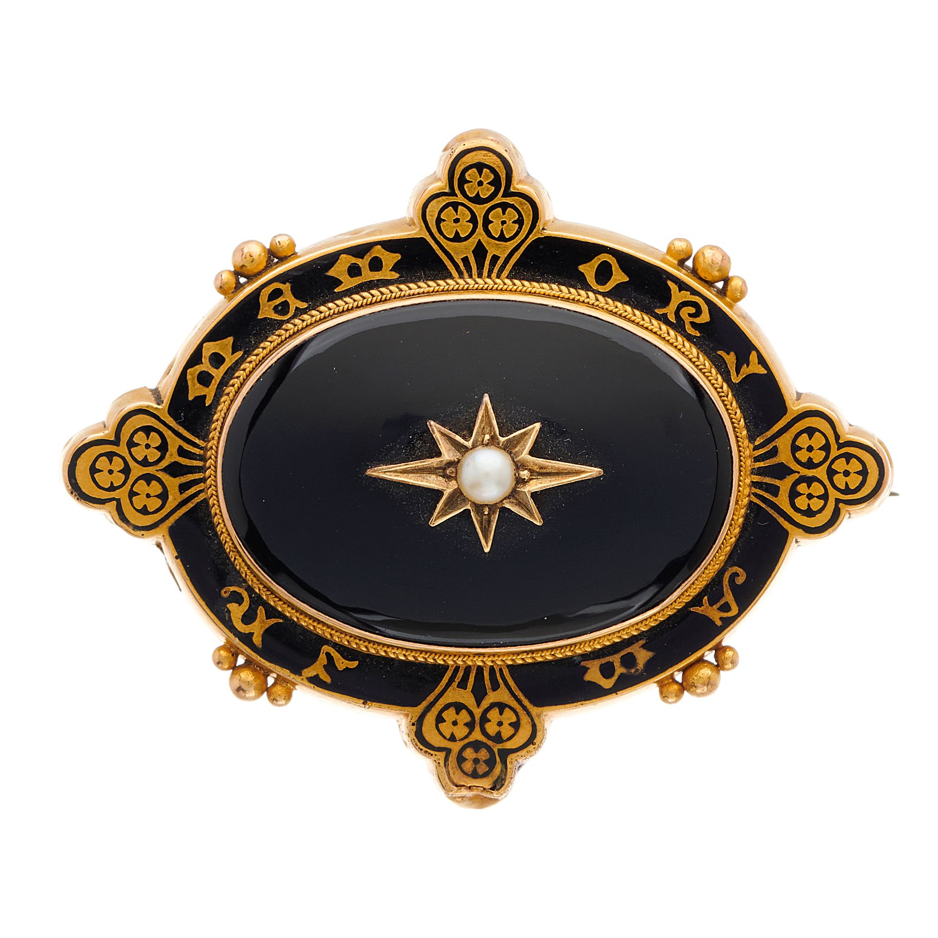 Null 一枚维多利亚时代晚期的金、玛瑙、分体珍珠和黑珐琅悼念胸针，有 "In Memoriam "字样，背面有釉面，长4.7厘米，总重11克 - 总体状况尚可&hellip;