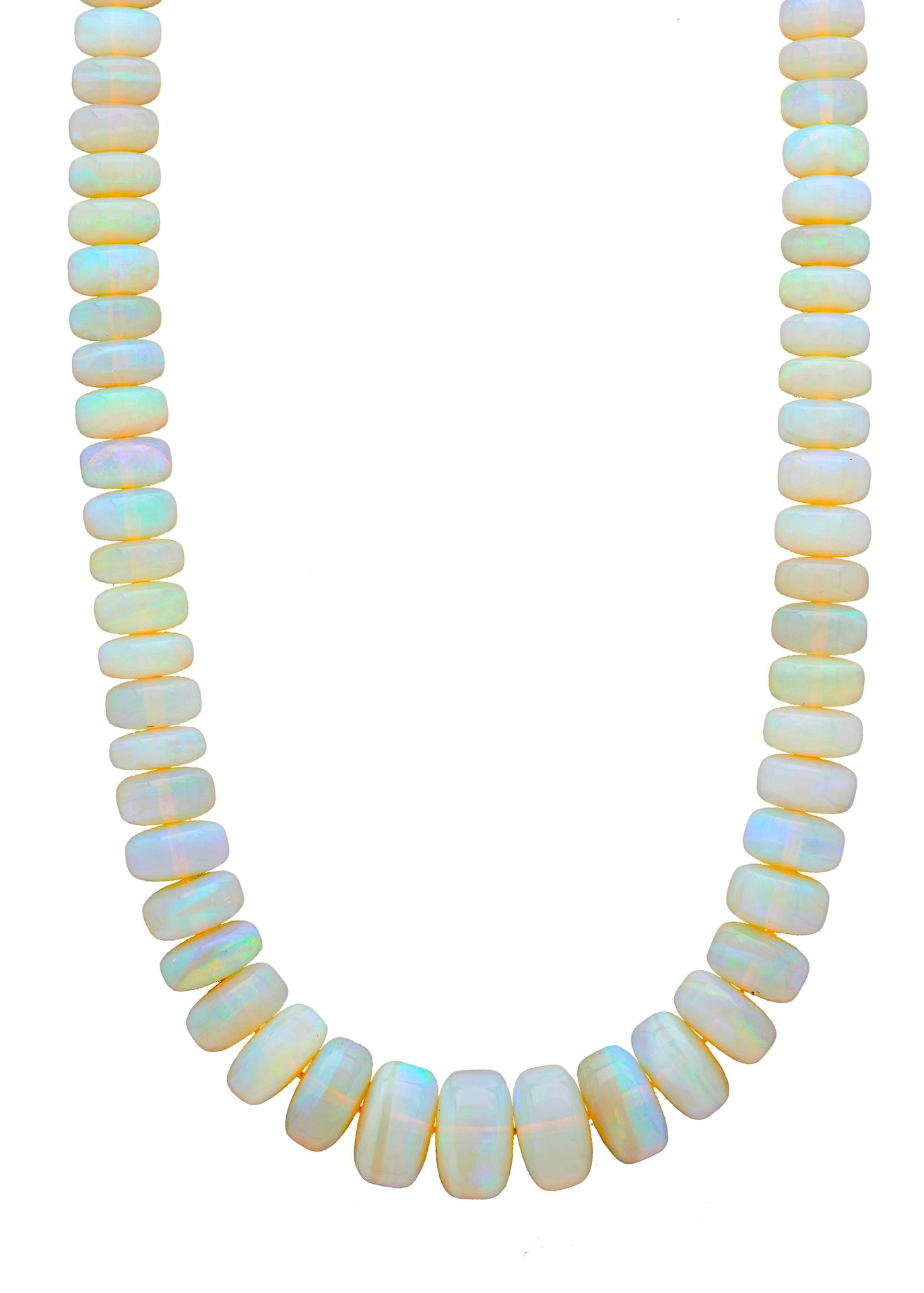 Null Un collier de perles d'opales graduées, avec un fermoir magnétique en or 18&hellip;