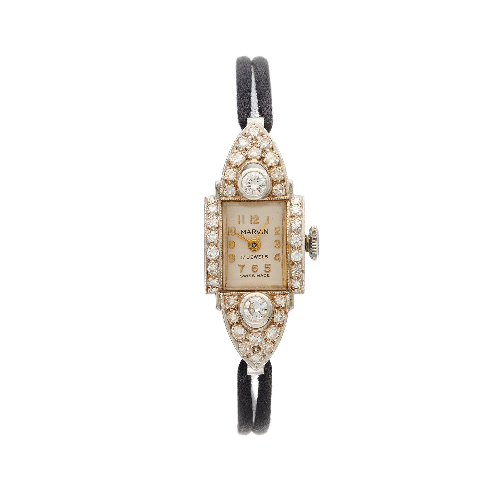 Null Marvin, reloj de cóctel de platino de mediados del siglo XX, con diamantes &hellip;