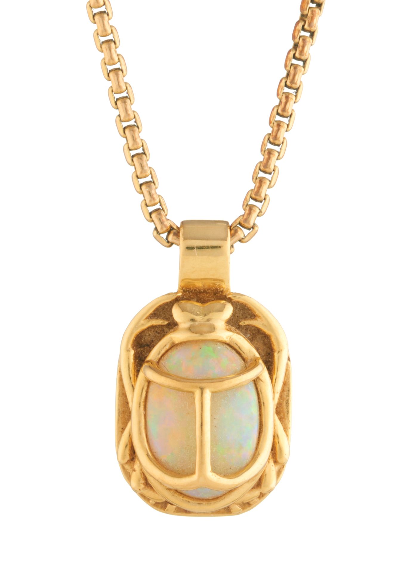 Null An opal cabochon scarab beetle pendant, suspended from a 9ct gold box-link &hellip;