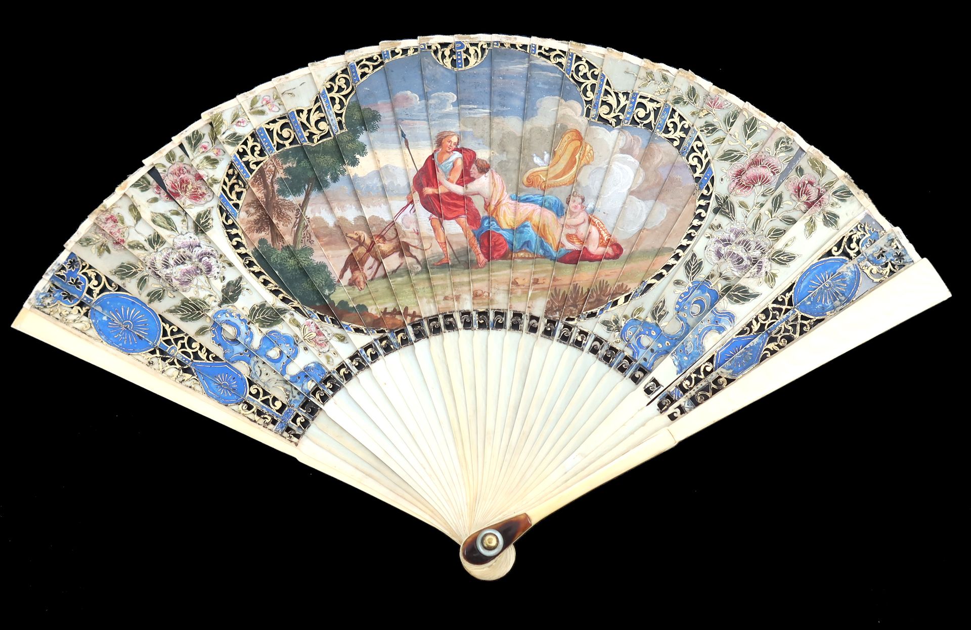Null A vibrantly painted gorge section of an 18th century ivory fan, converted i&hellip;