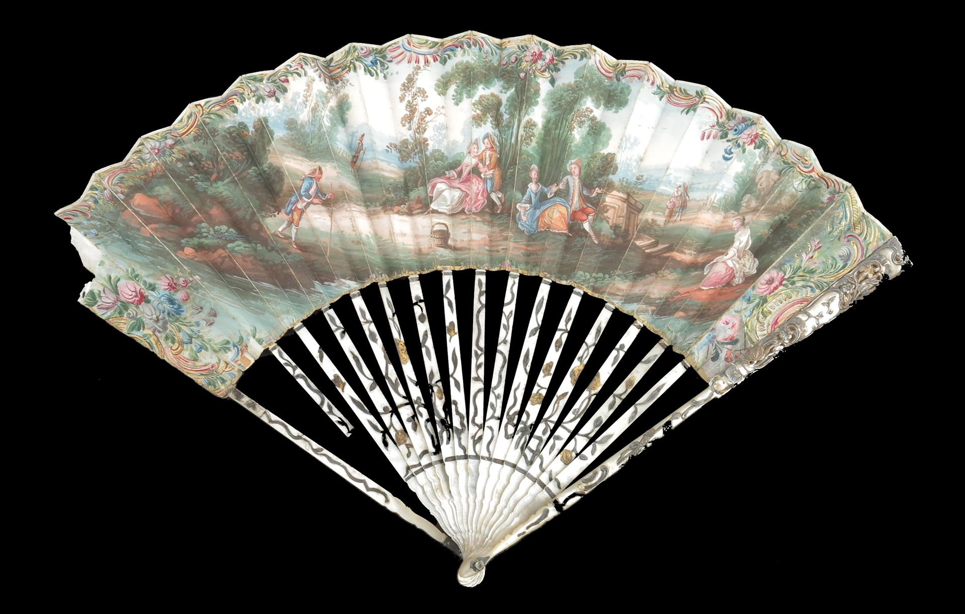 Null A slender 18th century fan with Mother of Pearl monture, the guards extensi&hellip;