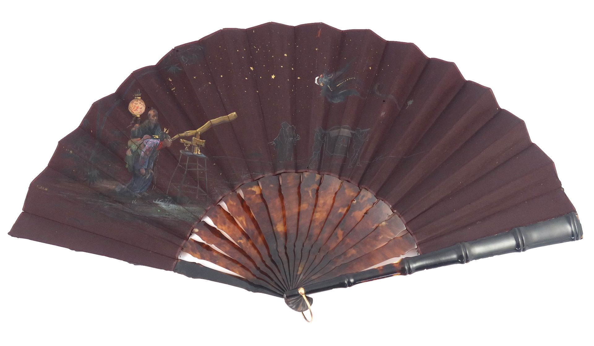 Null A very unusual 19th tortoiseshell fan c 1870’s with purple silk leaf, paint&hellip;