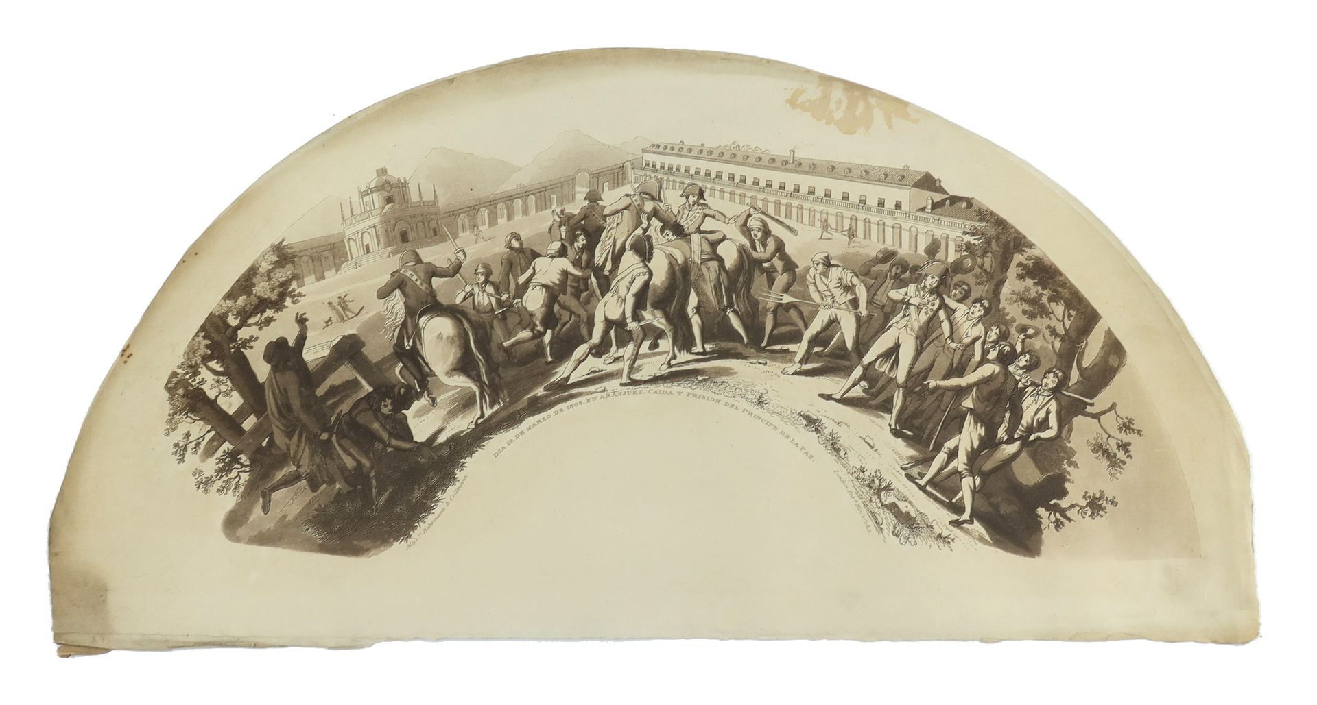 Null 半岛战争。El 10 de Marzo de 1808，19世纪未装裱的原版印刷扇叶，描绘了和平王子Manuel Godoy被叛军俘虏和监禁的情景，他&hellip;